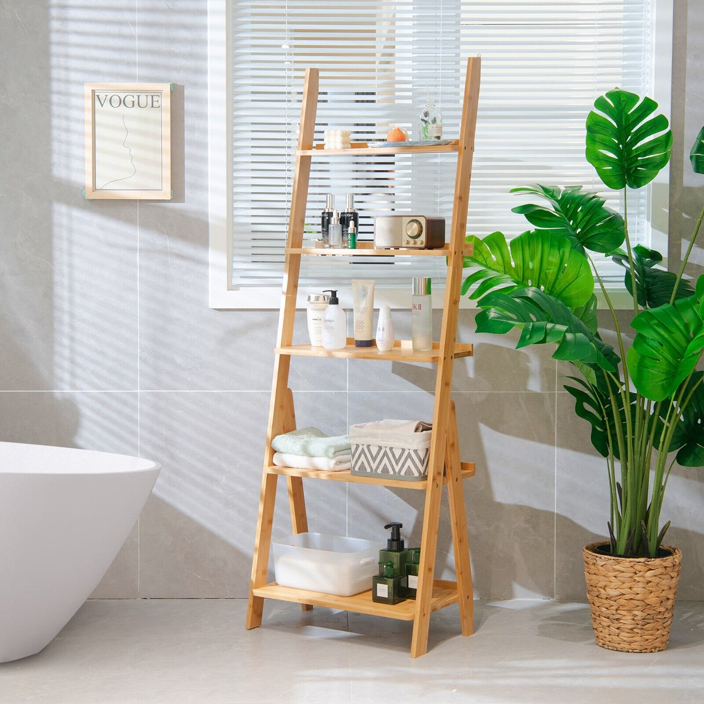 5-Tier Bamboo Ladder Shelf for Home Use-Brown