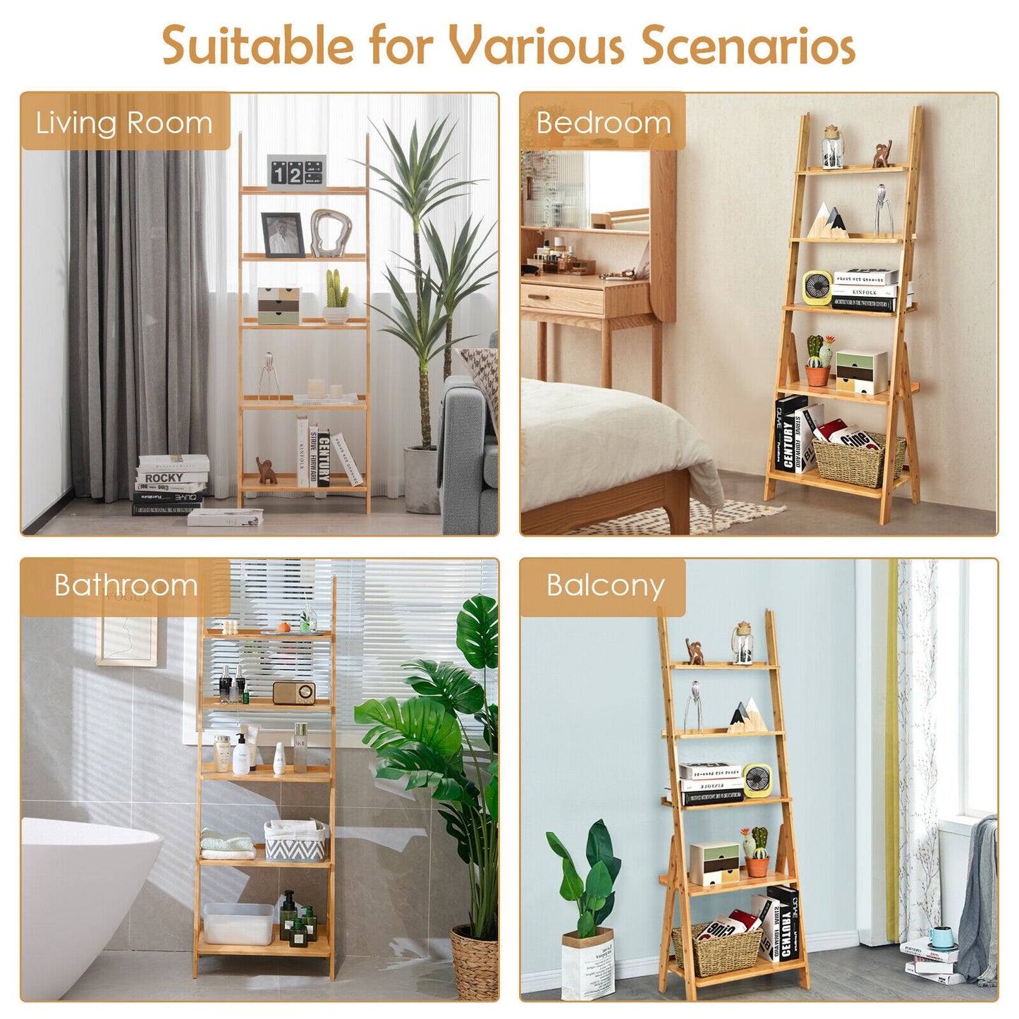 5-Tier Bamboo Ladder Shelf for Home Use-Brown