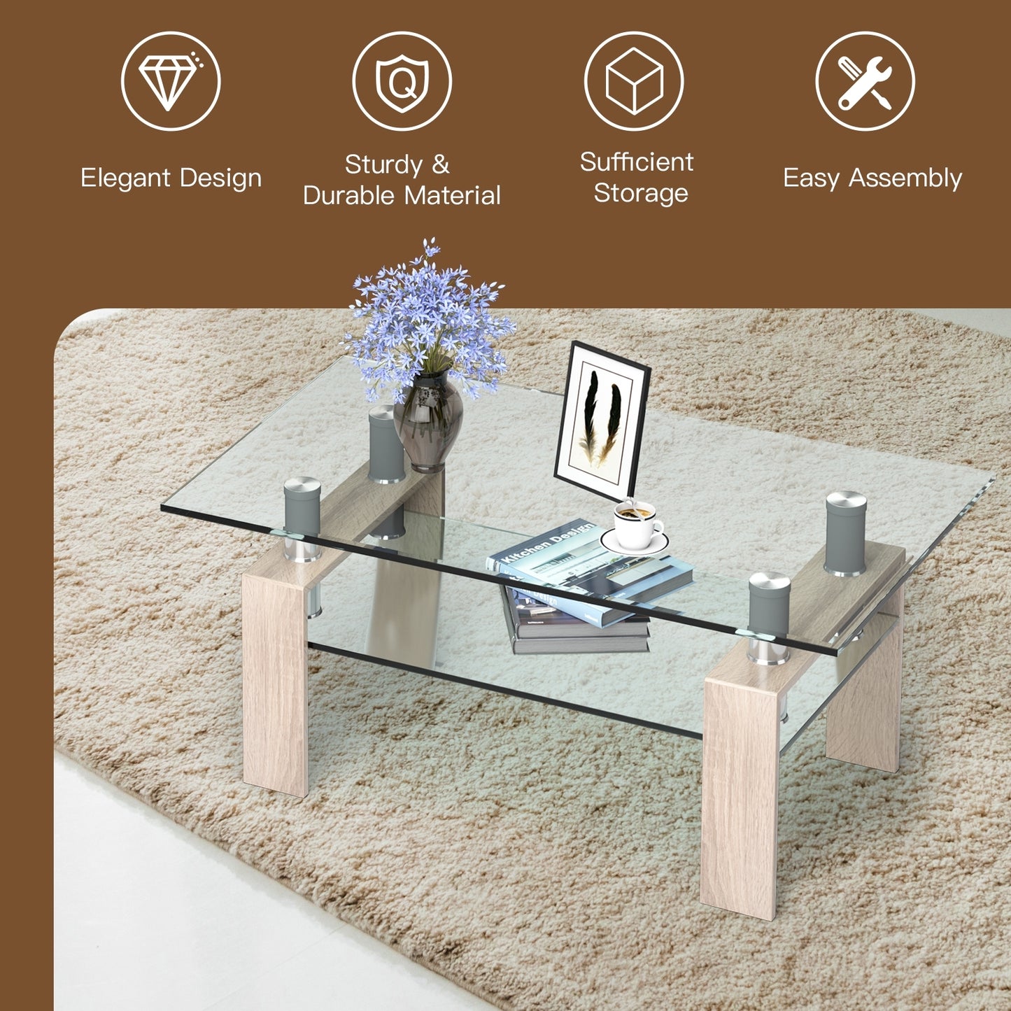 Rectangle Glass Coffee Table with Metal Legs for Living Room-Black
