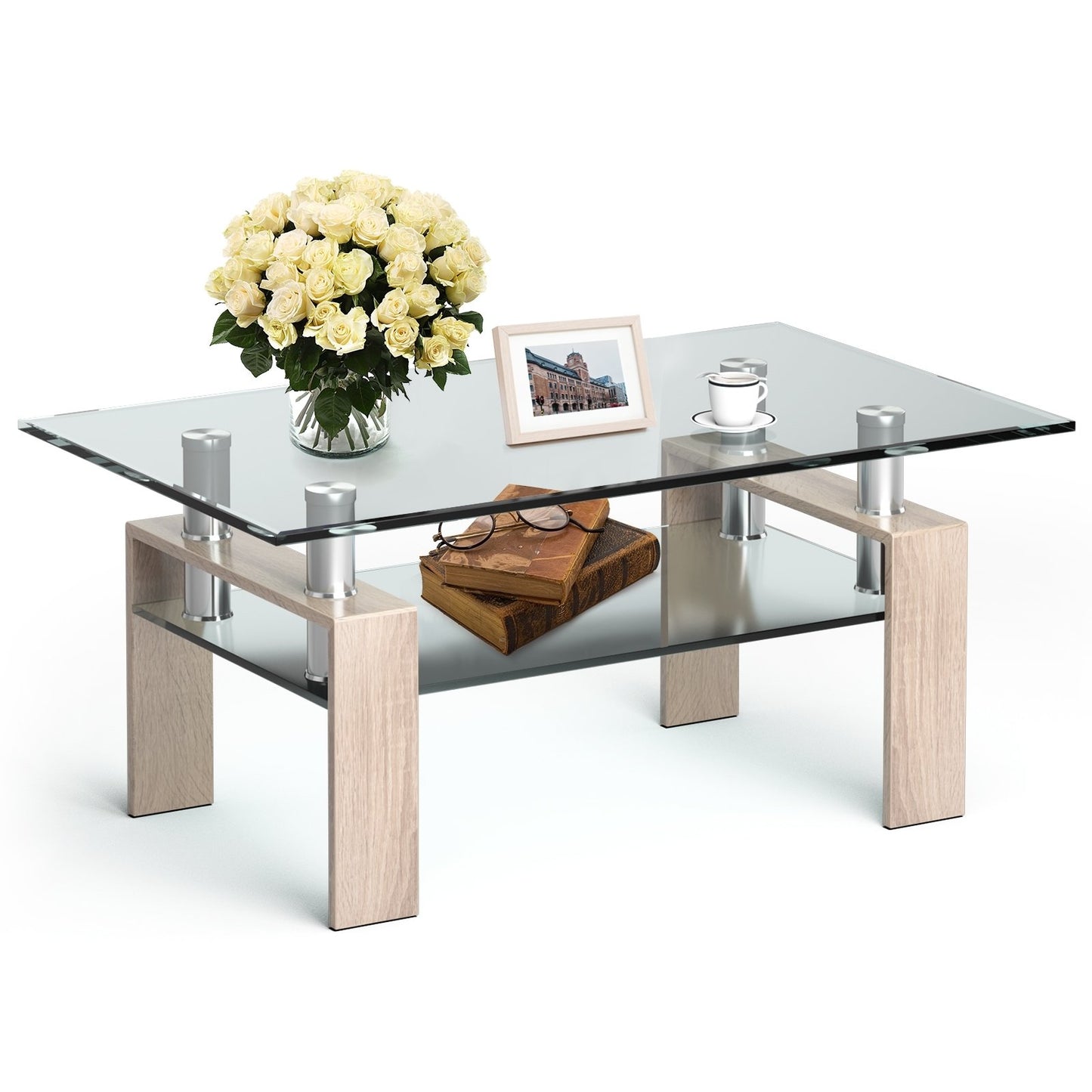 Rectangle Glass Coffee Table with Metal Legs for Living Room-Black