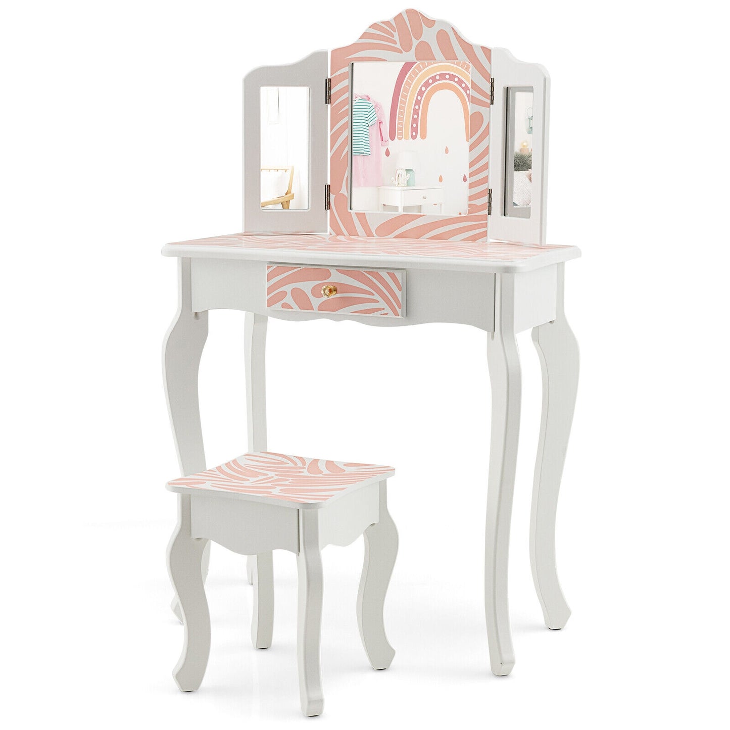 2-in-1 Kids Vanity Table Set with Tri-Folding Mirror-Pink