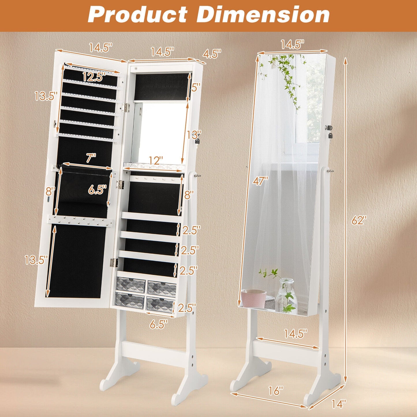 Free Standing Full Length Jewelry Armoire with Lights-White