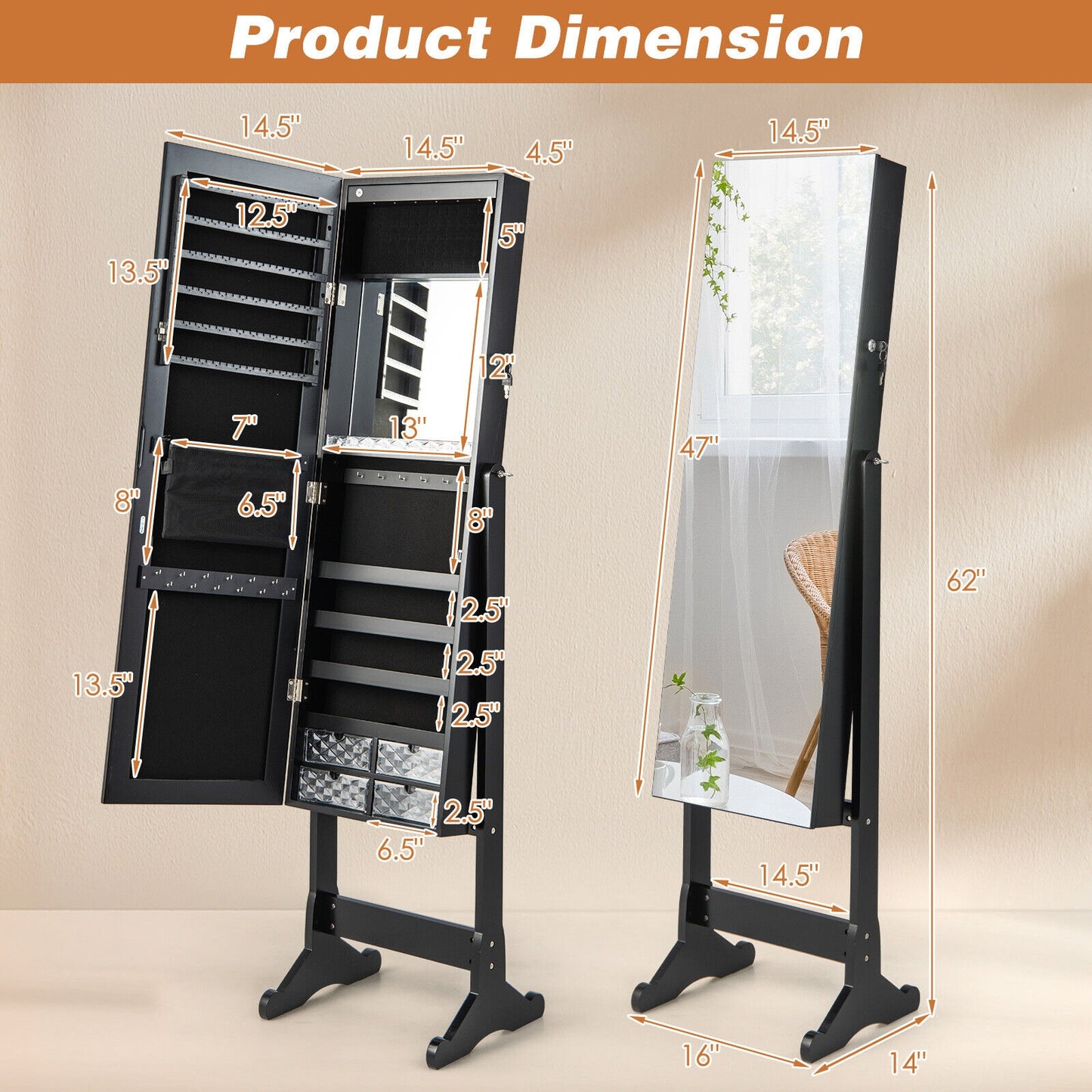 Free Standing Full Length Jewelry Armoire with Lights-White