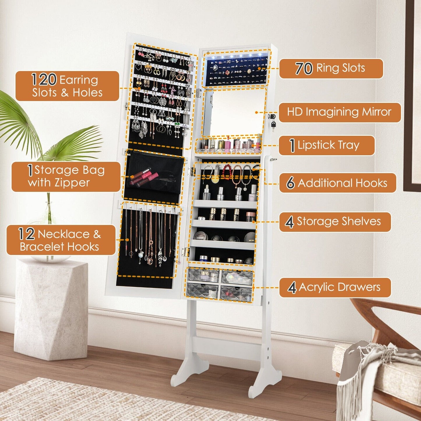 Free Standing Full Length Jewelry Armoire with Lights-White