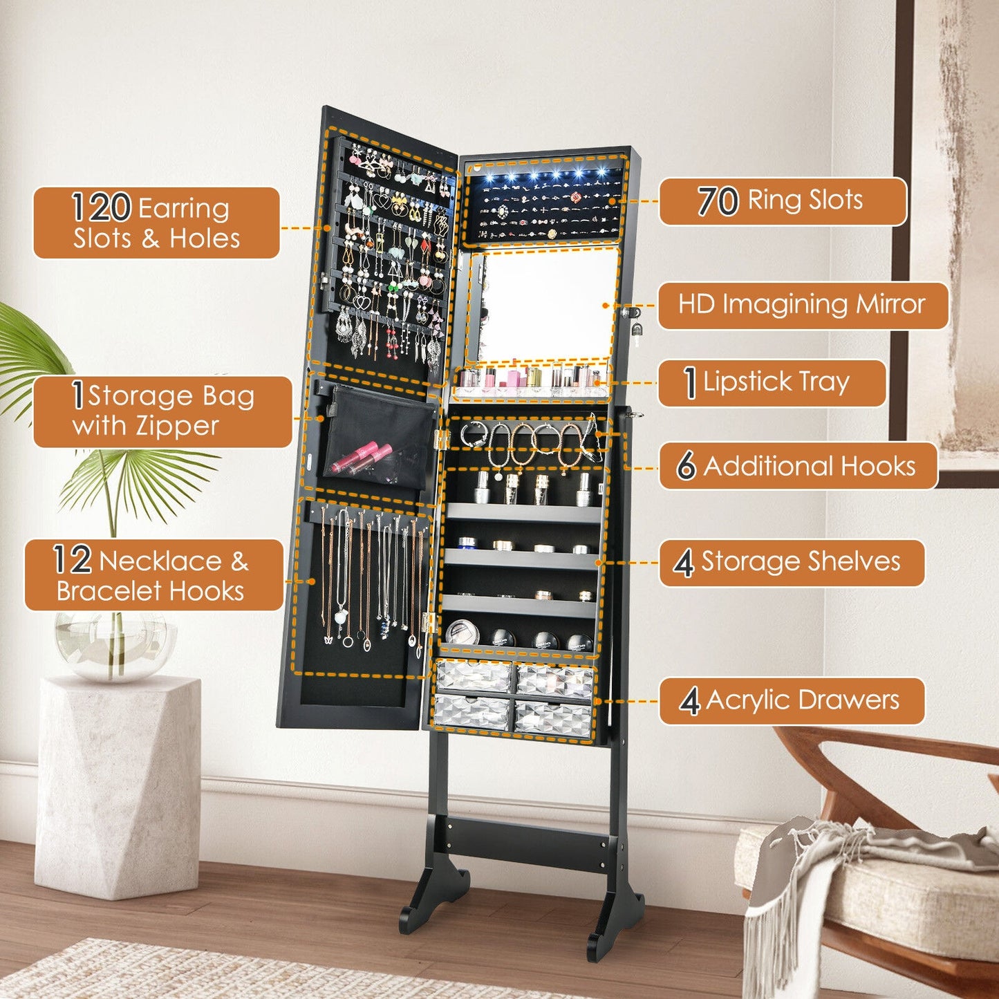 Free Standing Full Length Jewelry Armoire with Lights-White