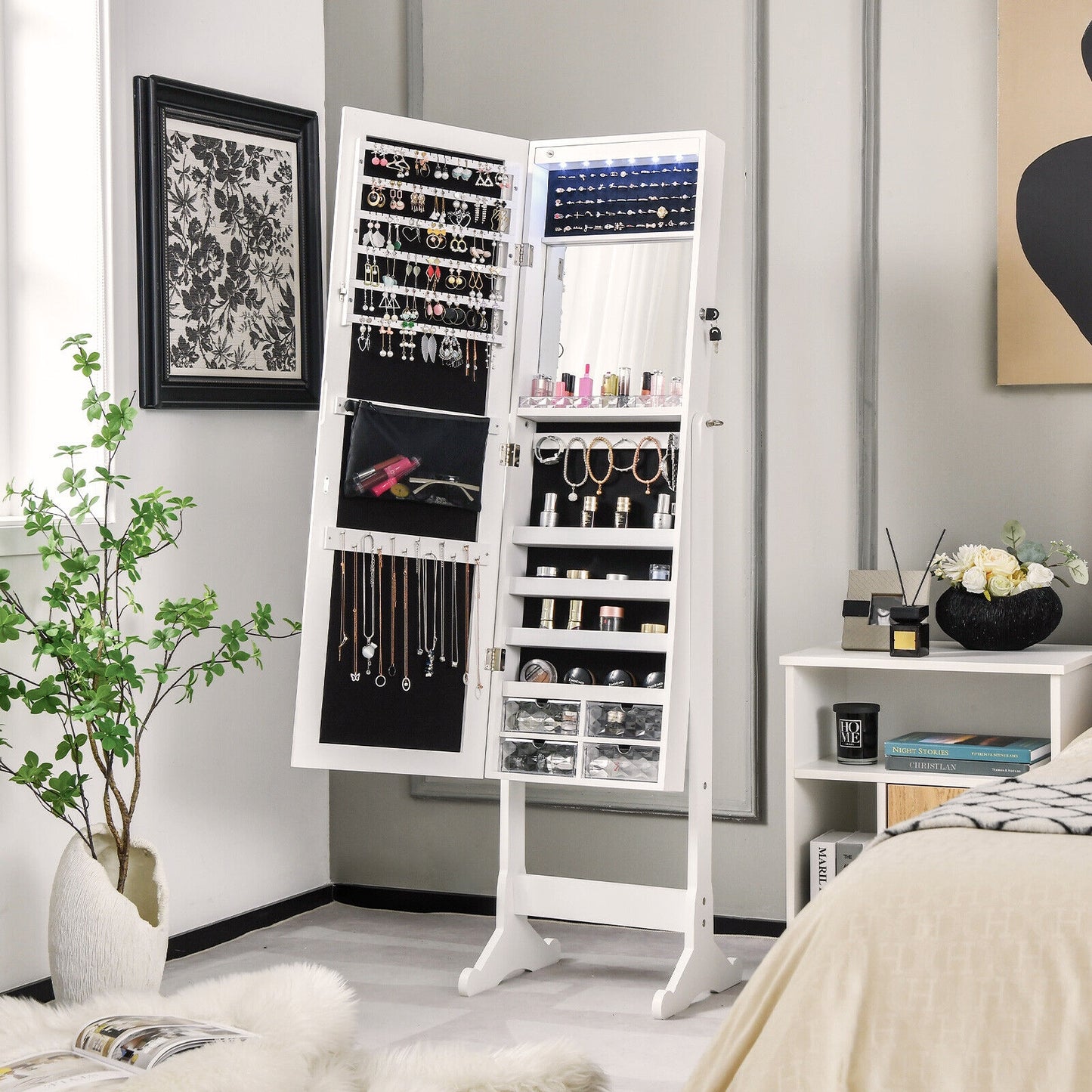 Free Standing Full Length Jewelry Armoire with Lights-White