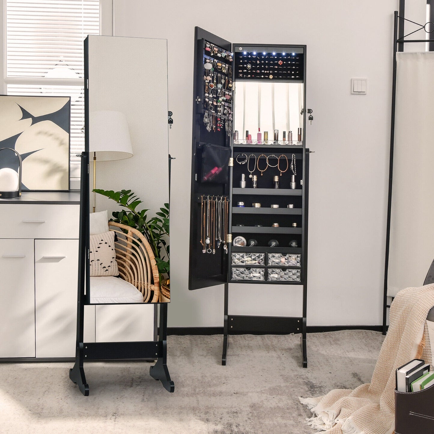 Free Standing Full Length Jewelry Armoire with Lights-White