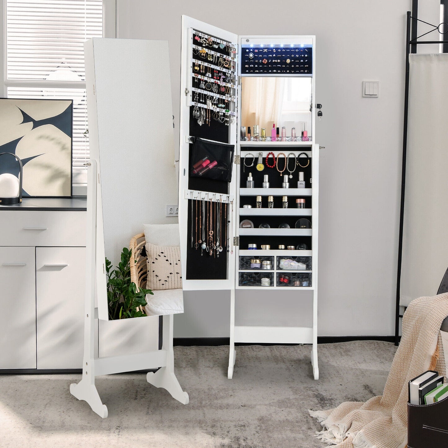 Free Standing Full Length Jewelry Armoire with Lights-White