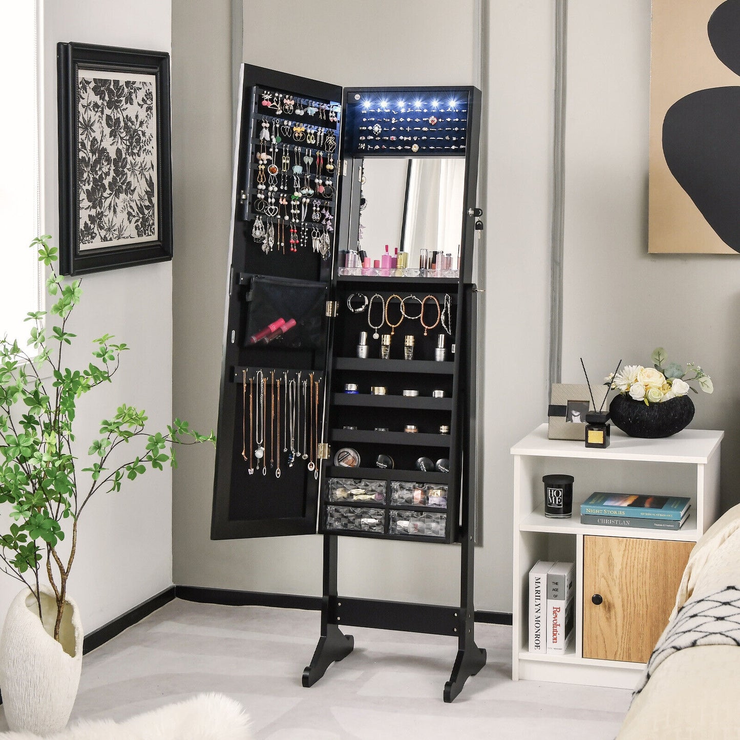 Free Standing Full Length Jewelry Armoire with Lights-White