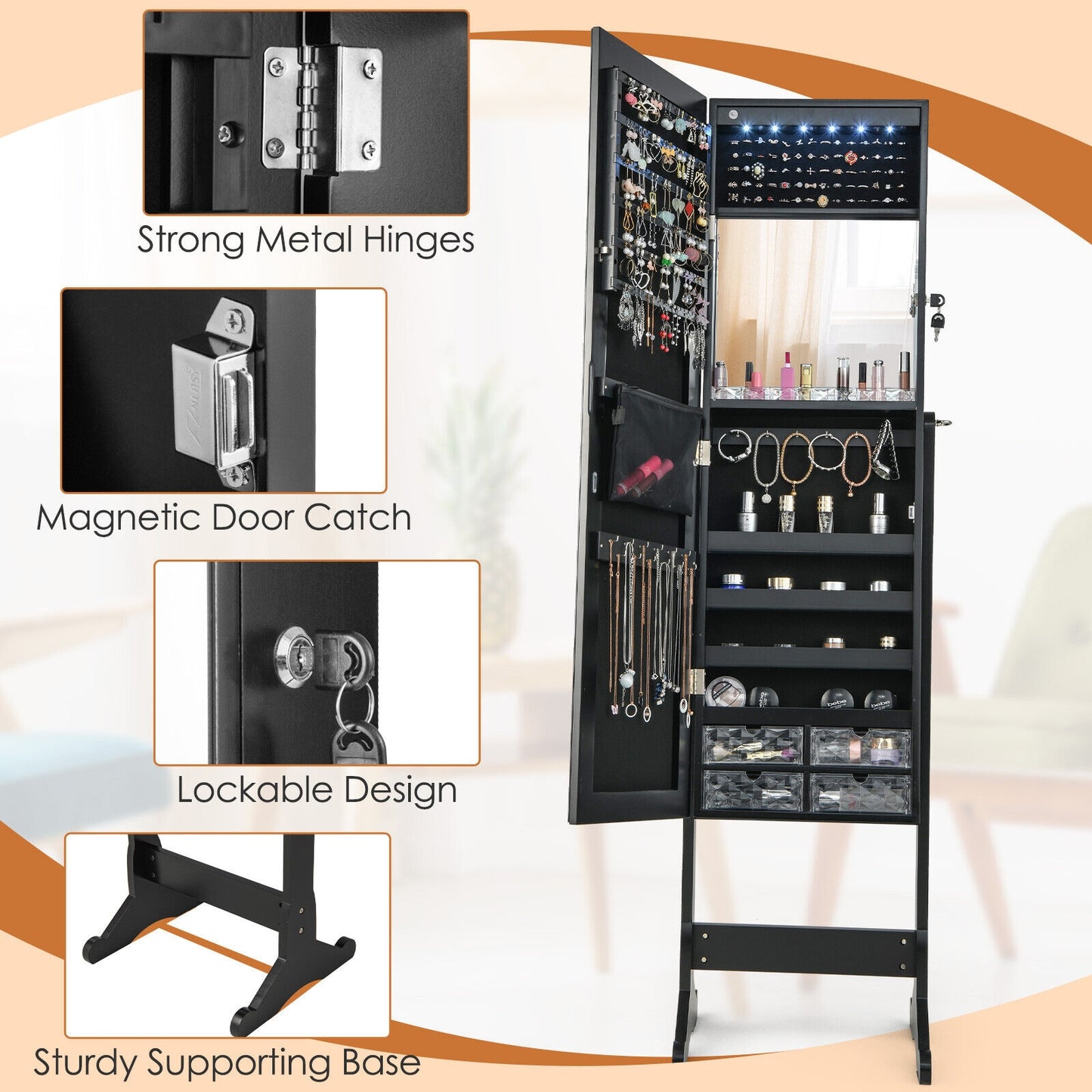 Free Standing Full Length Jewelry Armoire with Lights in Black