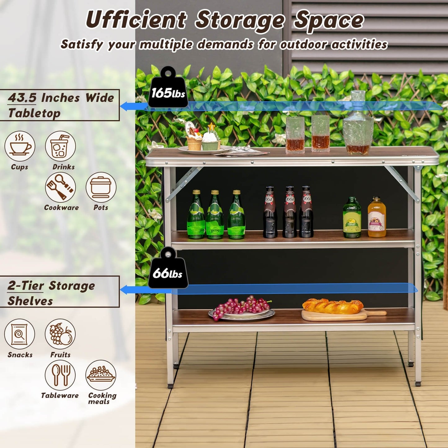 Folding Camping Table with 2-Tier Open Shelves for Outdoor BBQ-Black