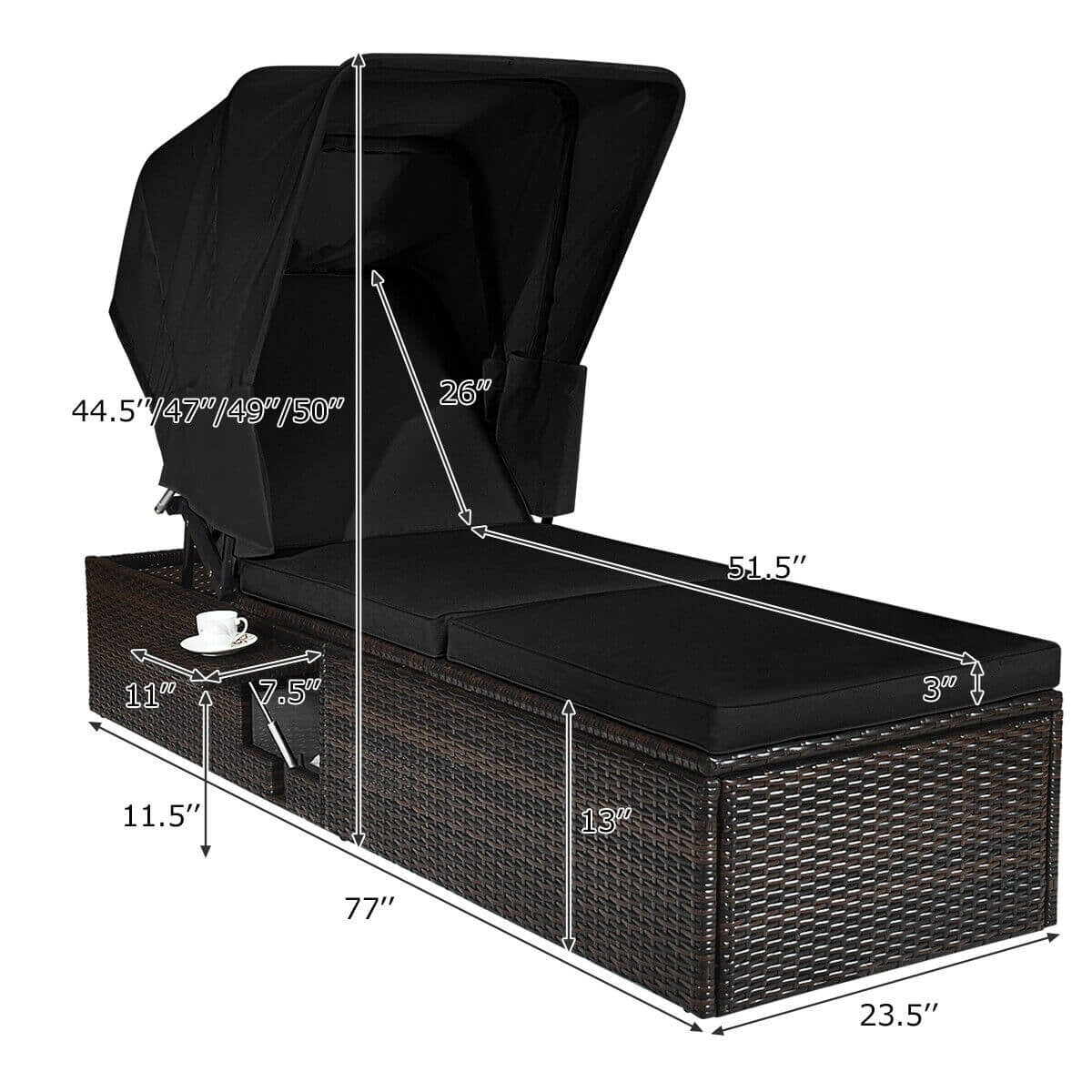 Outdoor Adjustable Cushioned Chaise Lounge Chair with Folding Canopy-Black