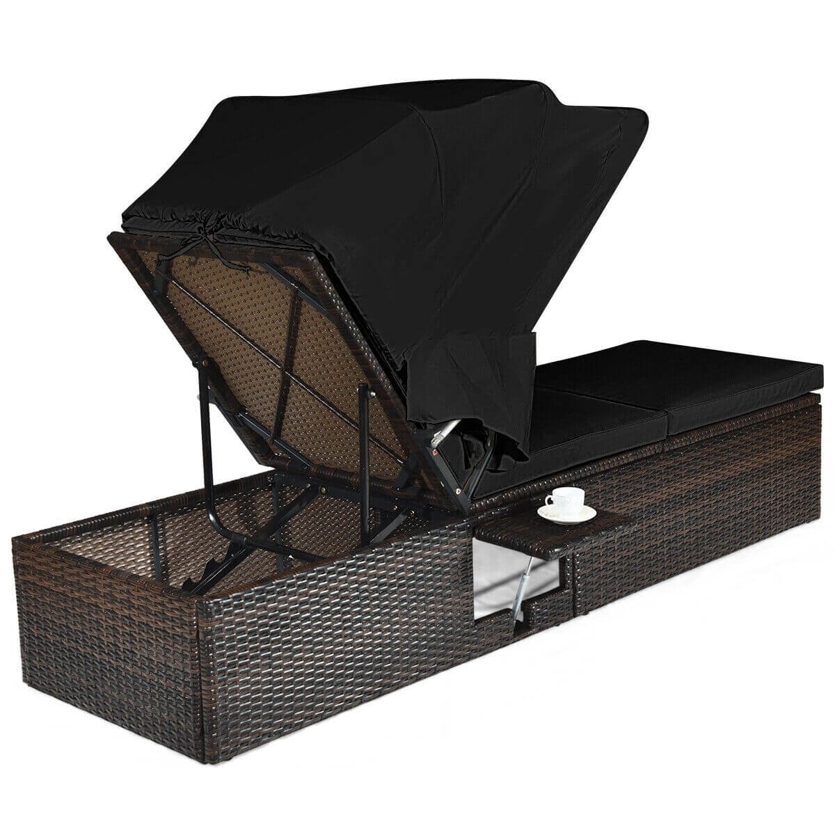 Outdoor Adjustable Cushioned Chaise Lounge Chair with Folding Canopy-Black