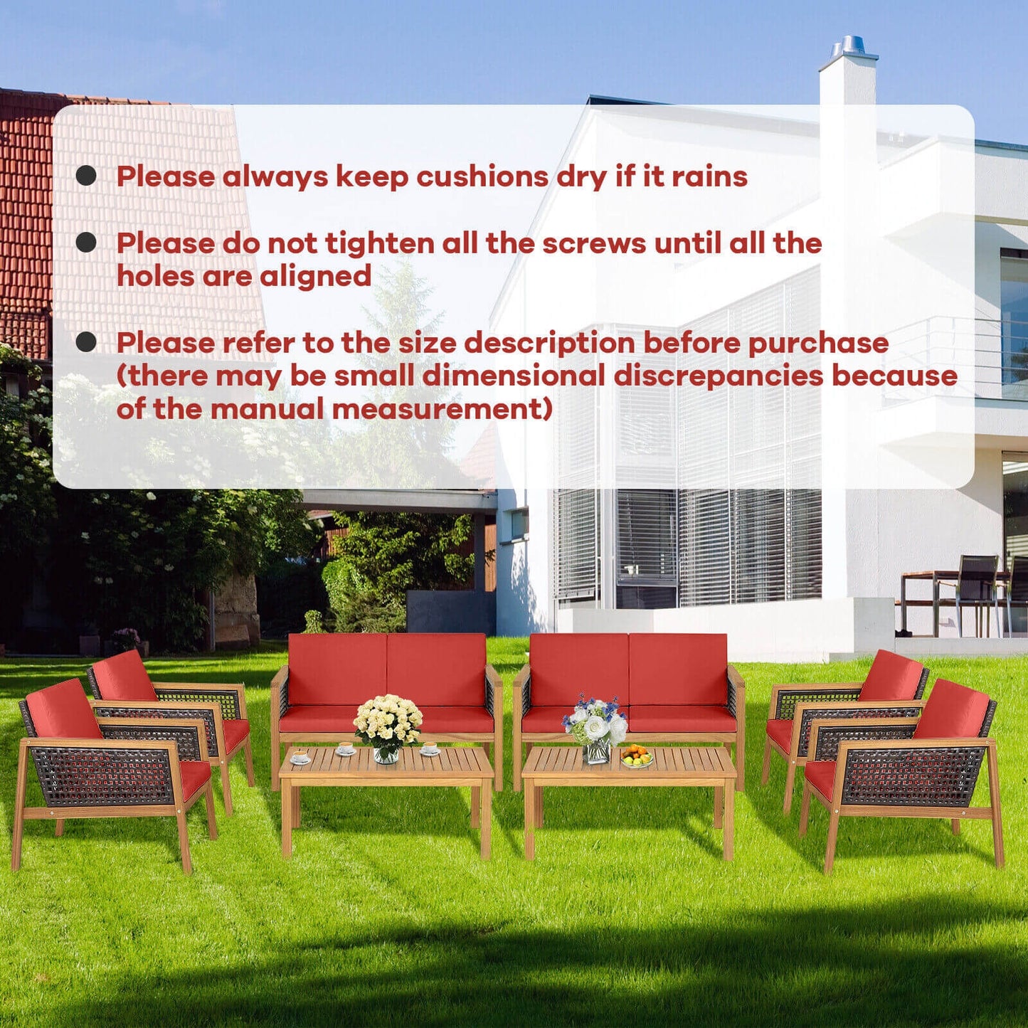 4 Pieces Patio Rattan Furniture Set with Removable Cushions-Red