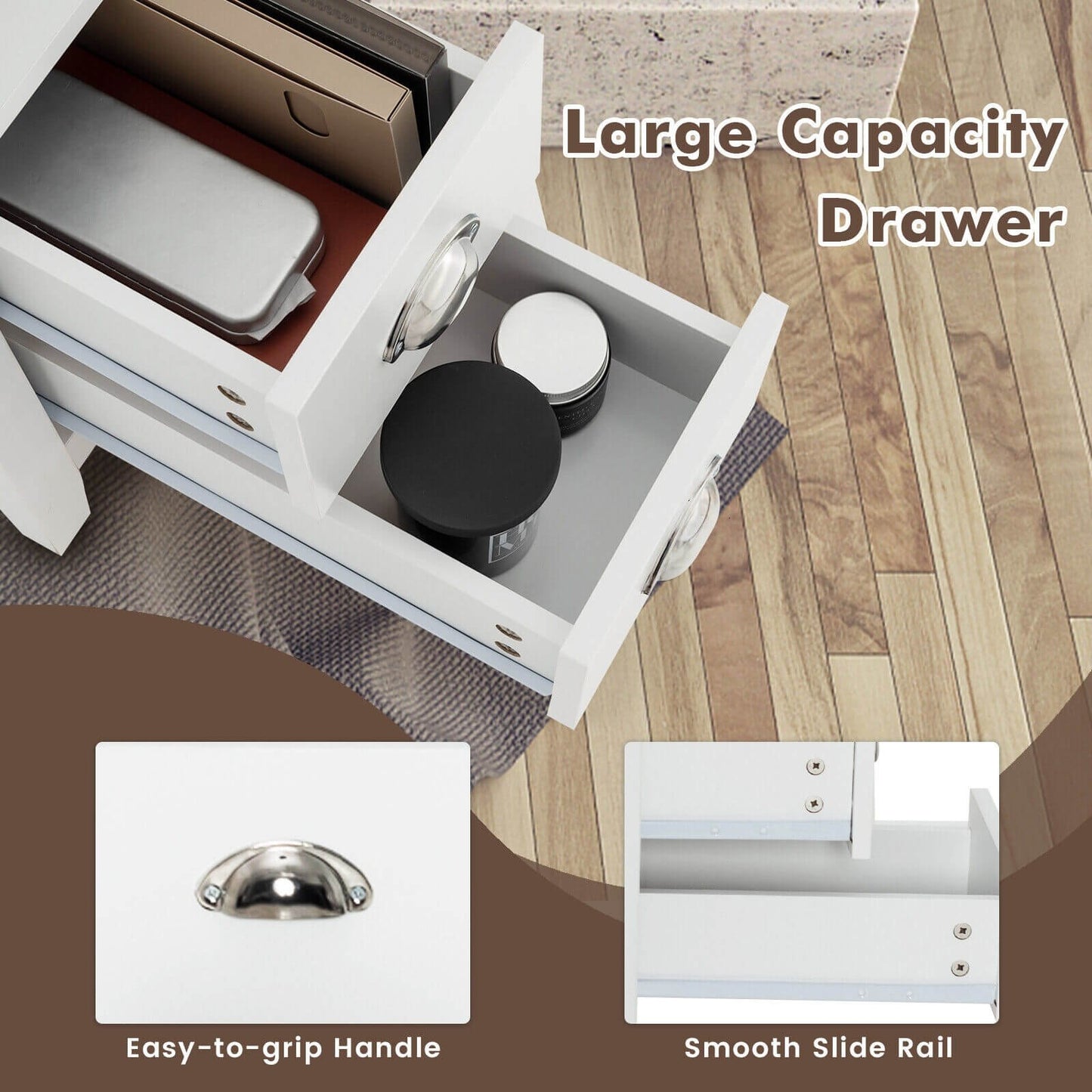 1 Piece End Table Wooden with 2 Drawers and Shelf Bedside Table-Brown