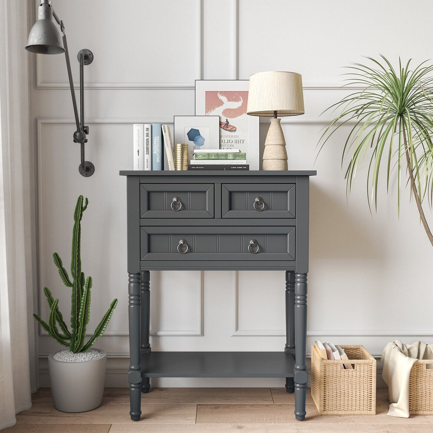 Narrow Console Table with 3 Storage Drawers and Open Bottom Shelf-Beige