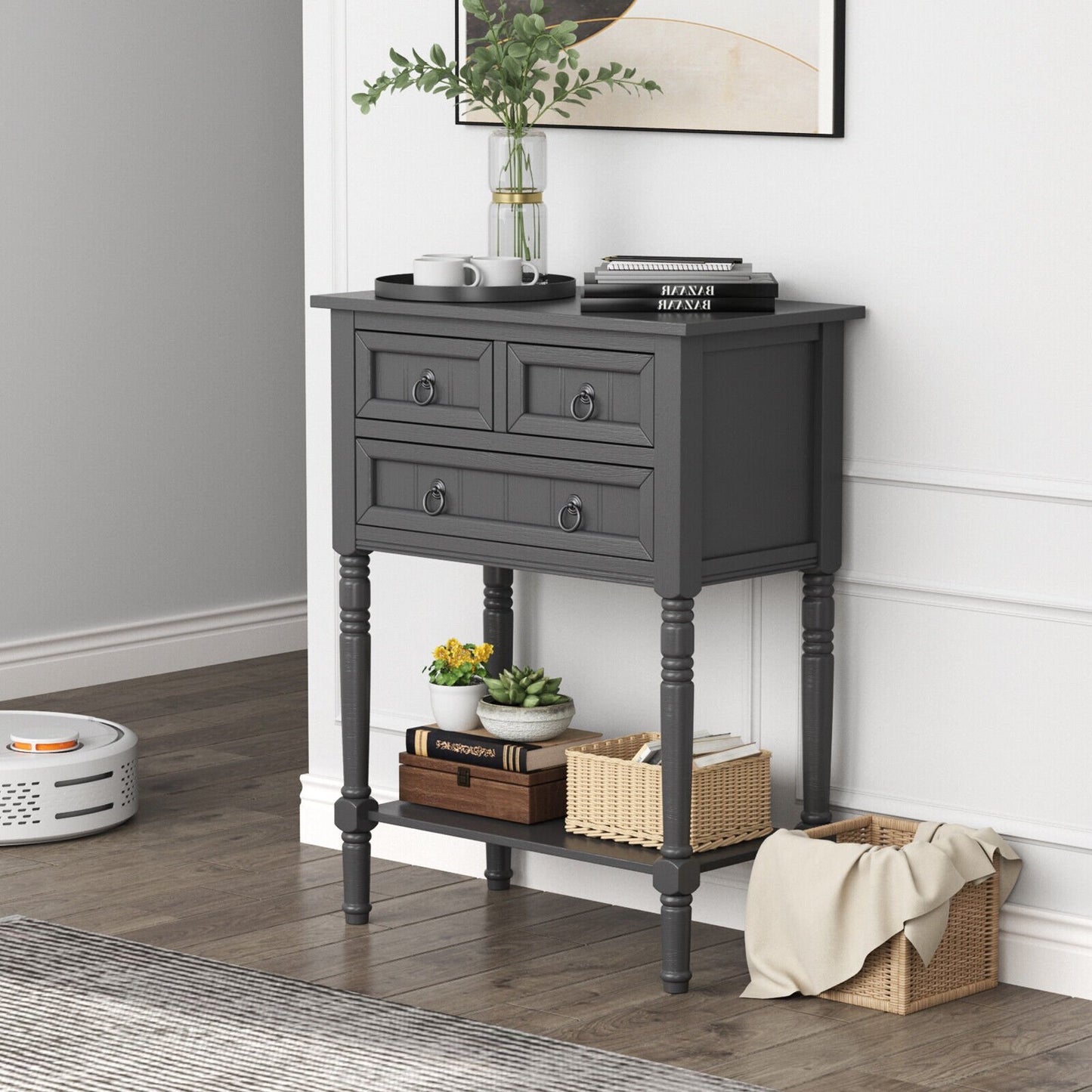 Narrow Console Table with 3 Storage Drawers and Open Bottom Shelf-Beige
