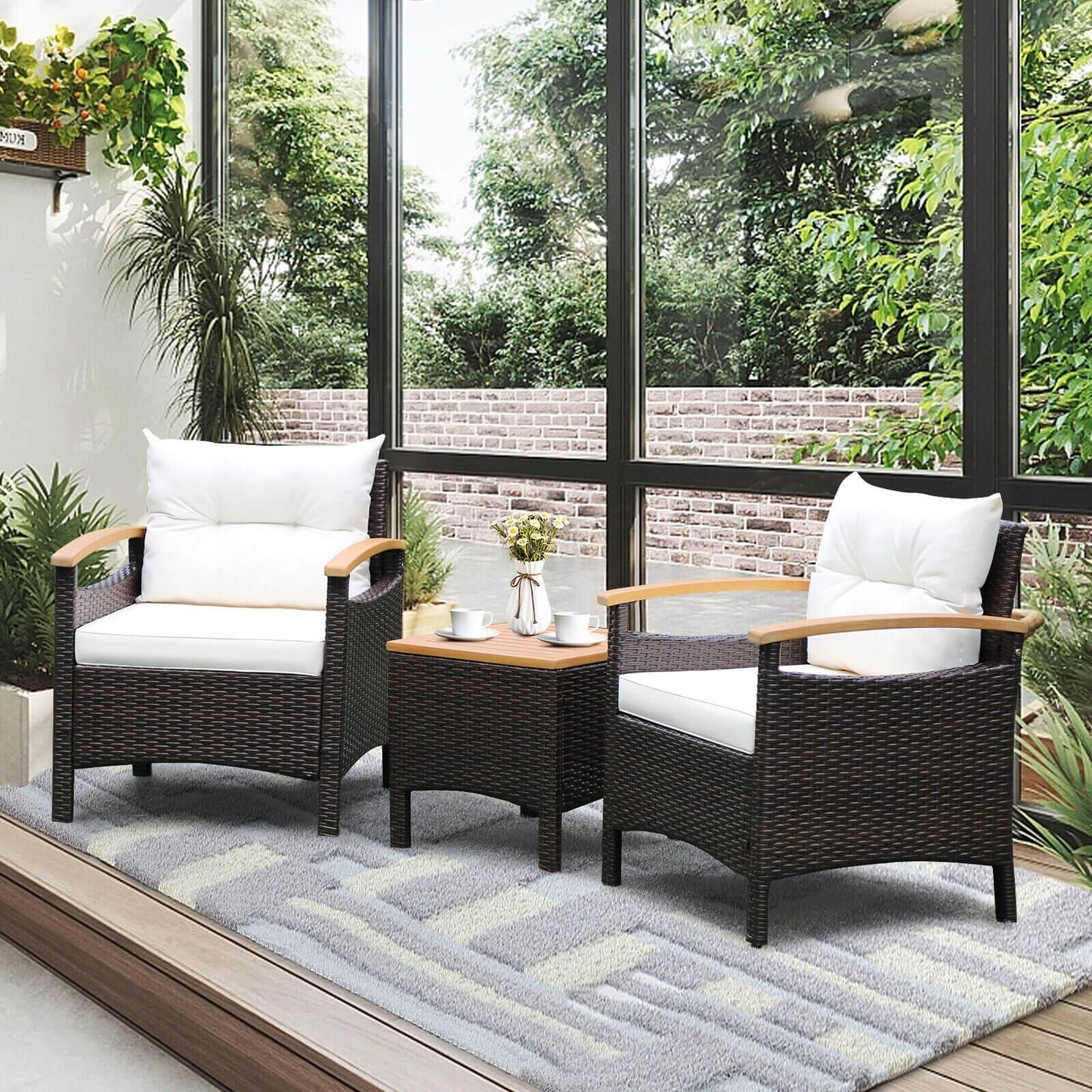 3 Pieces Patio Rattan Furniture Set with Removable Cushions-Beige