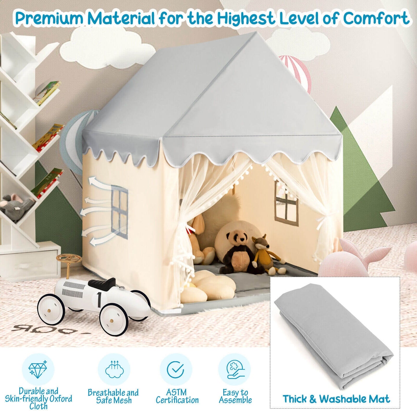 Kids Large Play Castle Fairy Tent with Mat-Beige