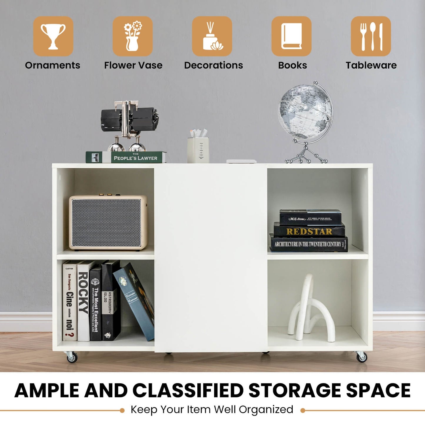 Wood Storage Cabinet with Wheels and 6 Compartments-White
