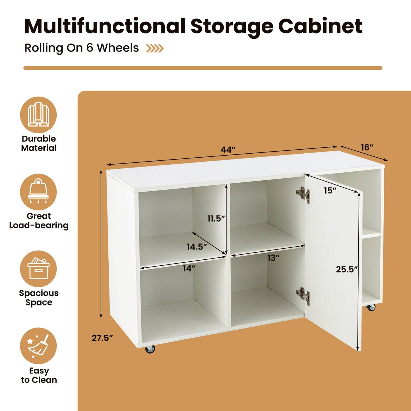 Wood Storage Cabinet with Wheels and 6 Compartments-White