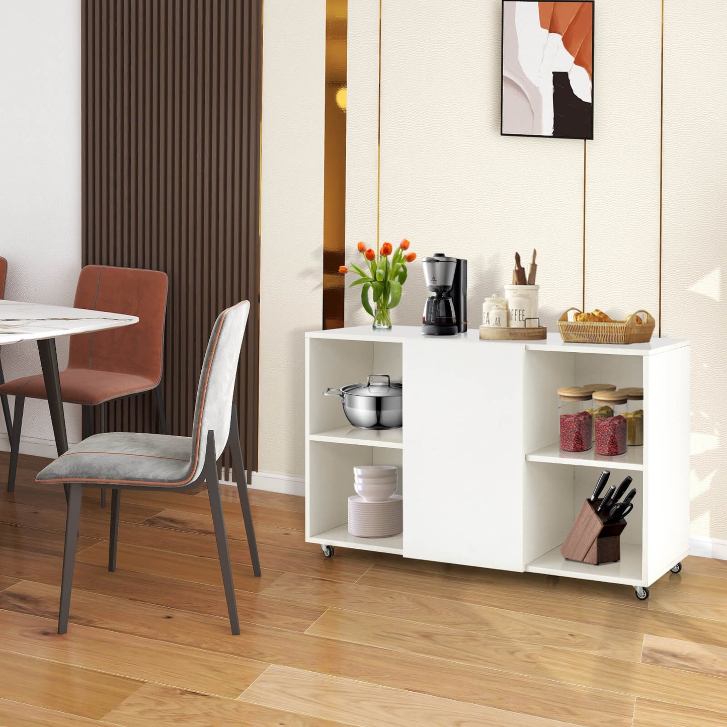 Wood Storage Cabinet with Wheels and 6 Compartments-White