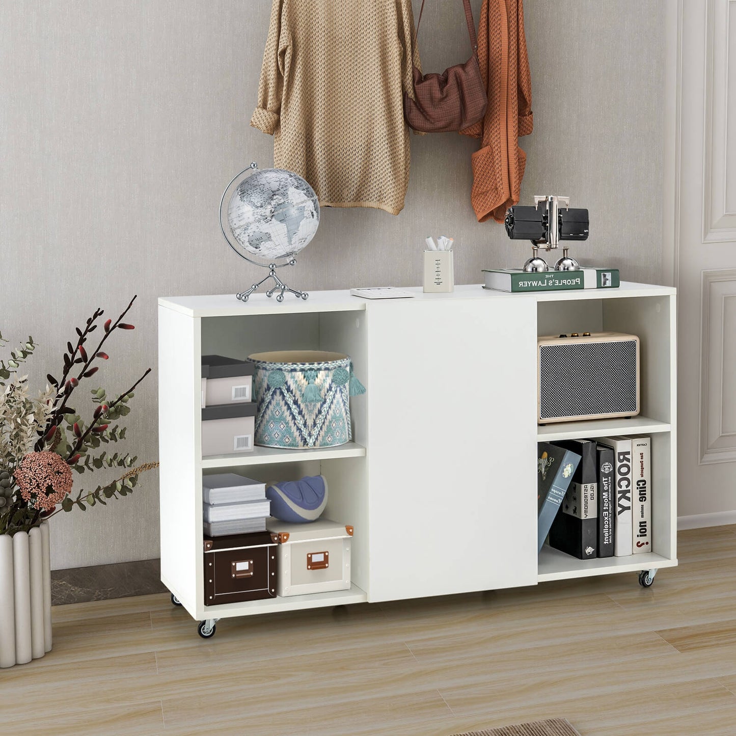 Wood Storage Cabinet with Wheels and 6 Compartments-White