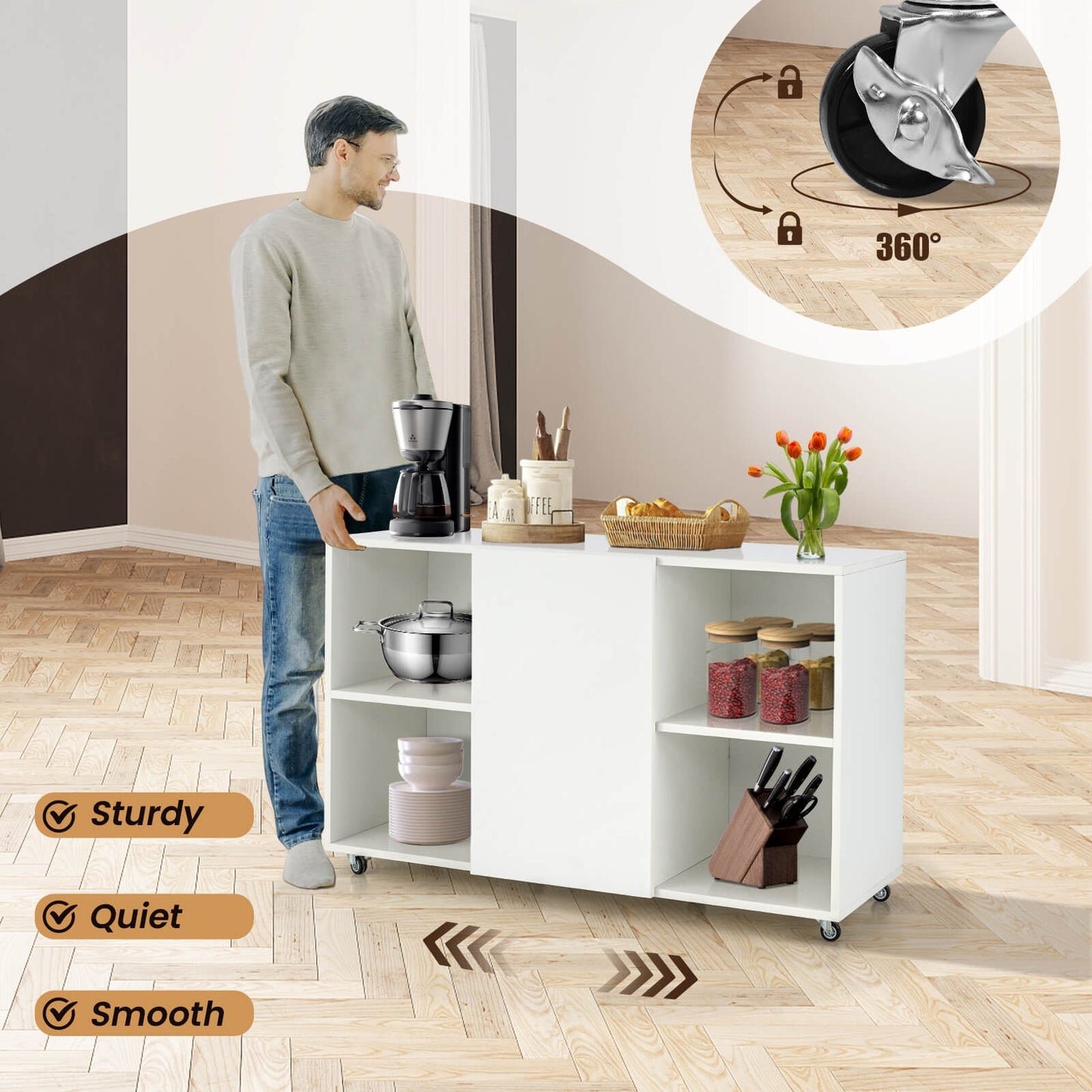 Wood Storage Cabinet with Wheels and 6 Compartments-White
