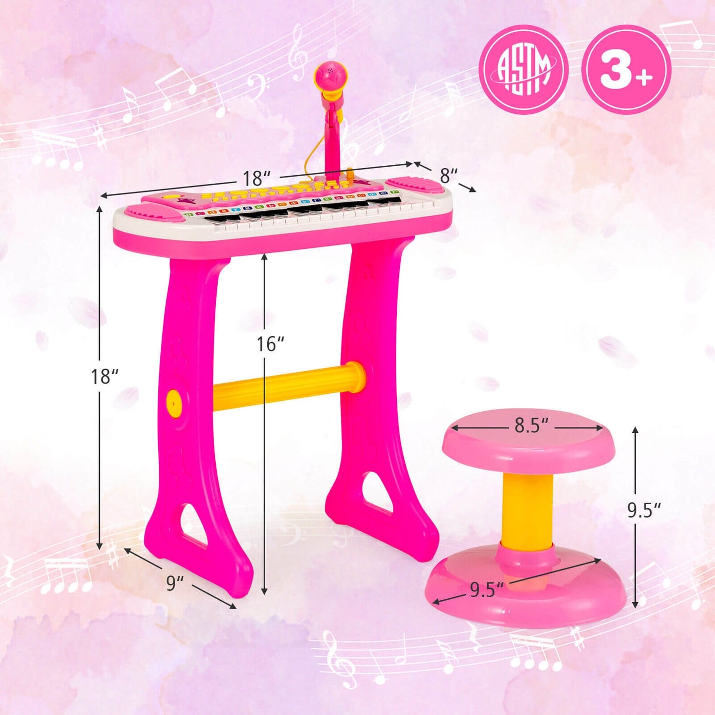 31-Key Kids Piano Keyboard Toy with Microphone and Multiple Sounds for Age 3+-Pink