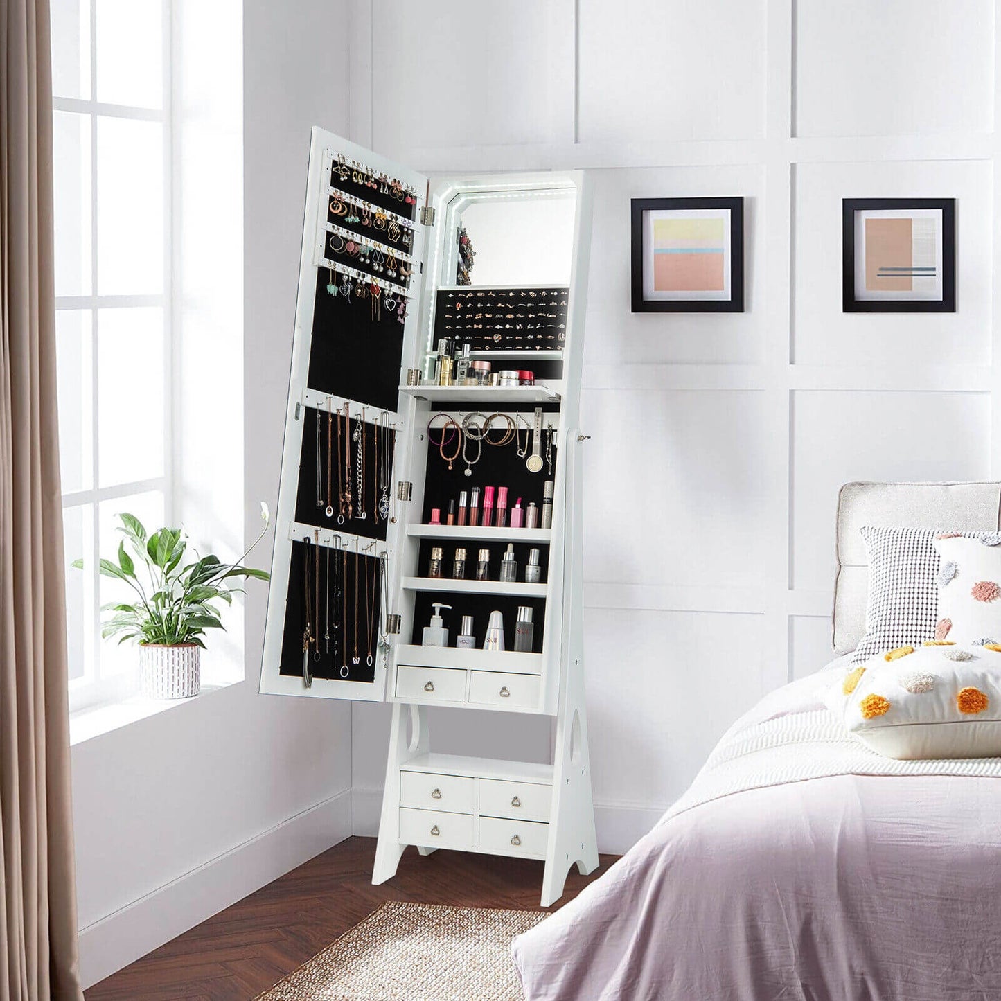 Freestanding Full Length LED Mirrored Jewelry Armoire with 6 Drawers-White