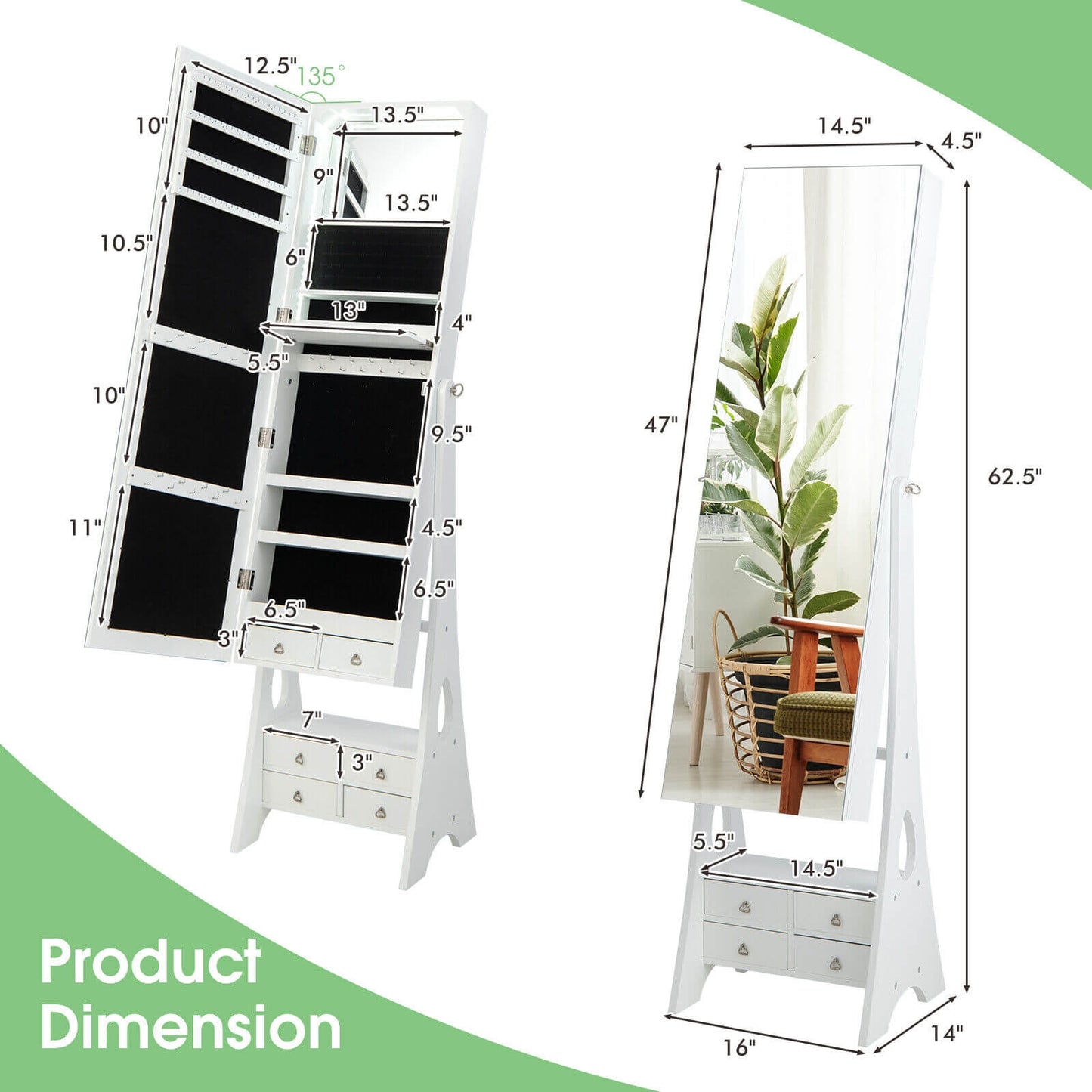 Freestanding Full Length LED Mirrored Jewelry Armoire with 6 Drawers-White