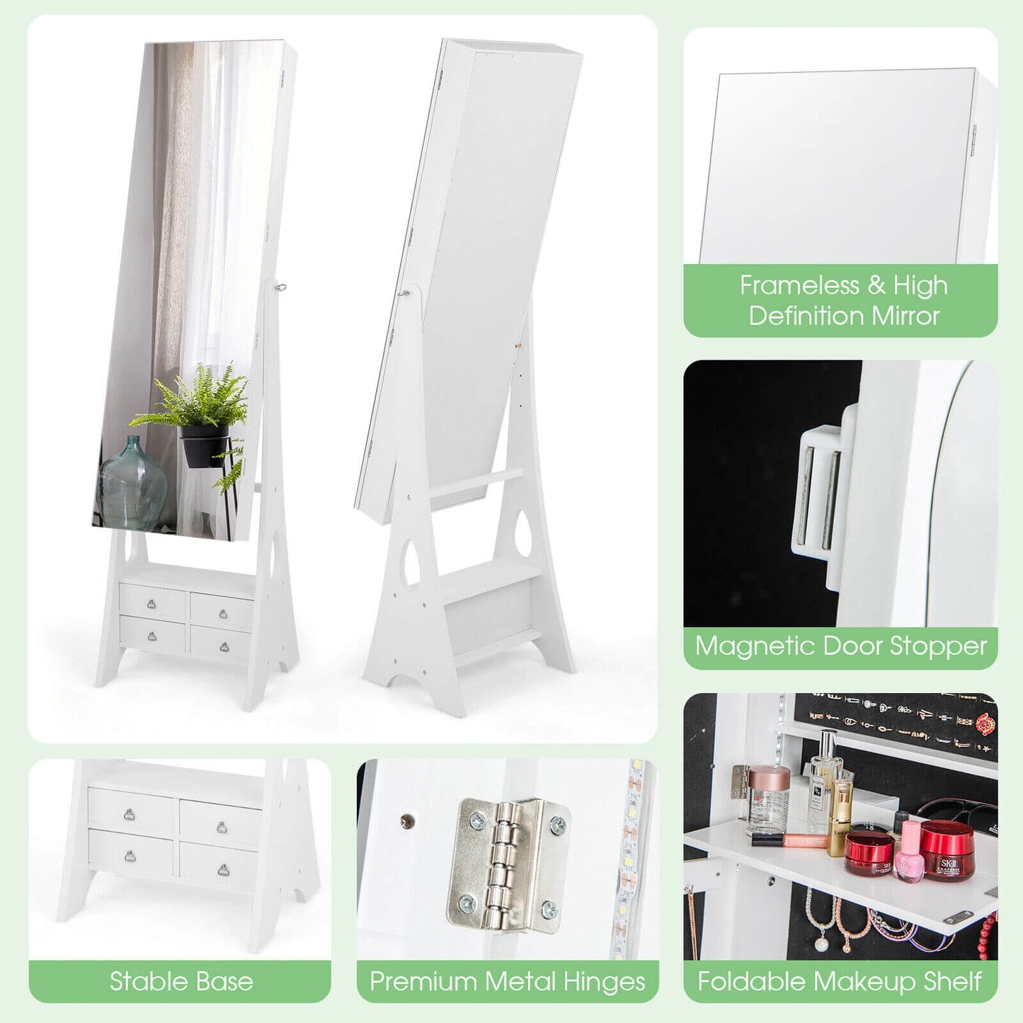 Freestanding Full Length LED Mirrored Jewelry Armoire with 6 Drawers-White
