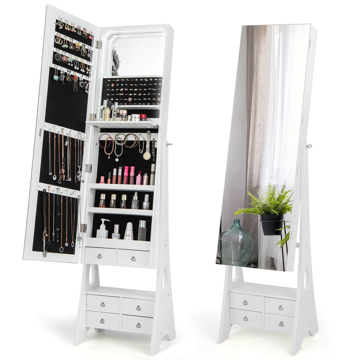 Freestanding Full Length LED Mirrored Jewelry Armoire with 6 Drawers-White