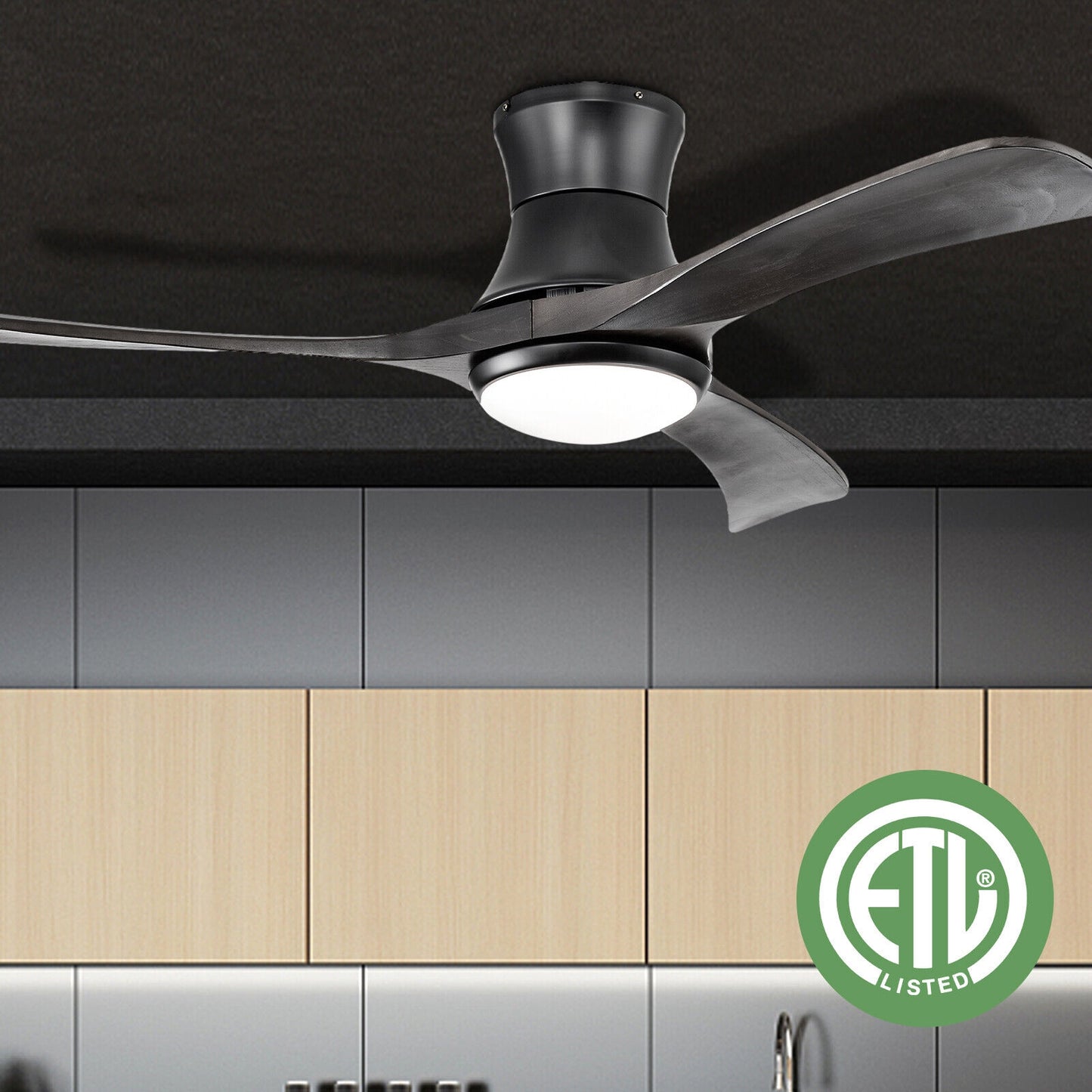 52 Inch Flush Mount Ceiling Fan with LED Light-Black