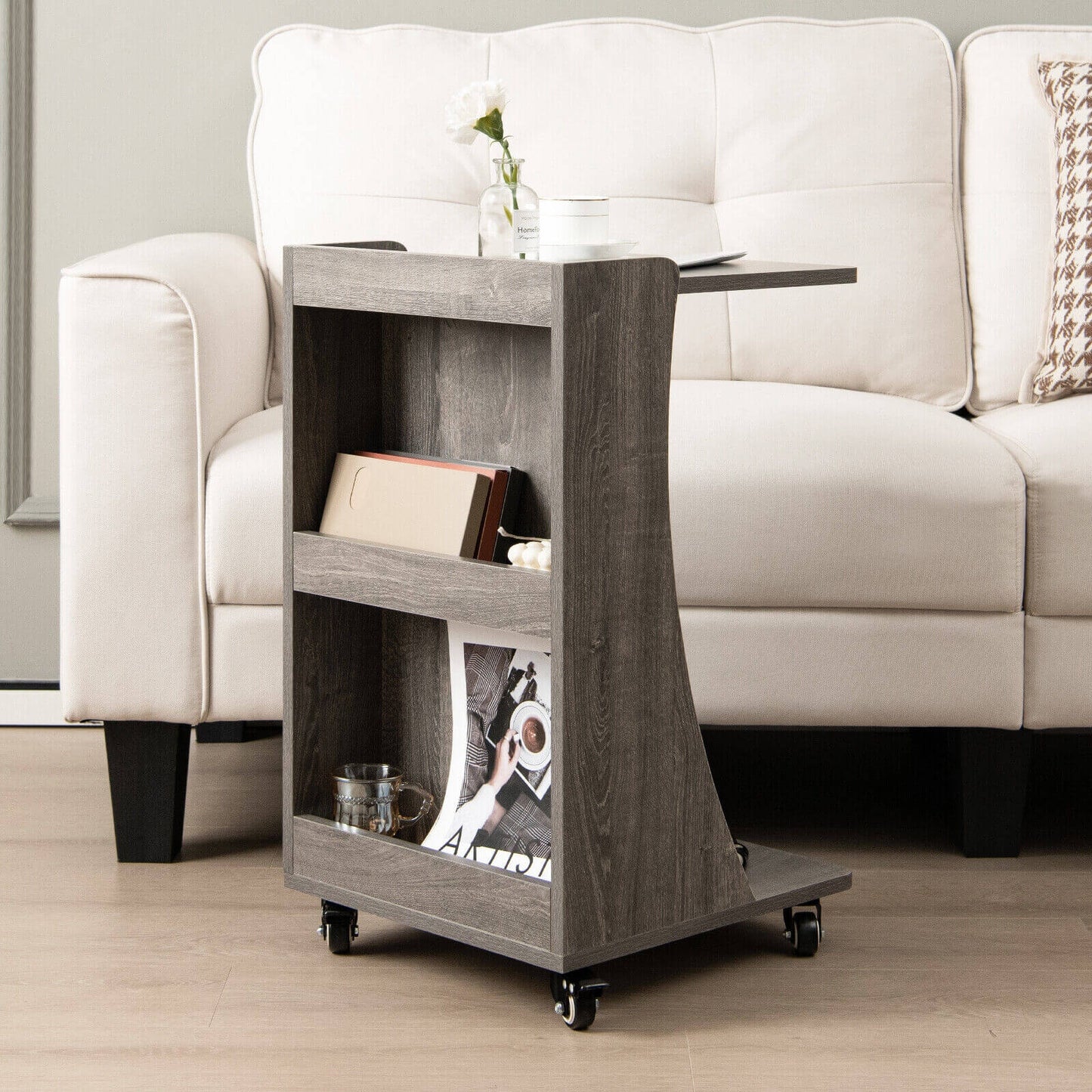 C-shaped Rolling End Side with Back Storage Shelves beside Sofa-Gray