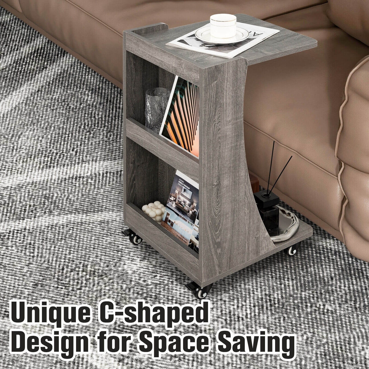 C-shaped Rolling End Side with Back Storage Shelves beside Sofa-Gray