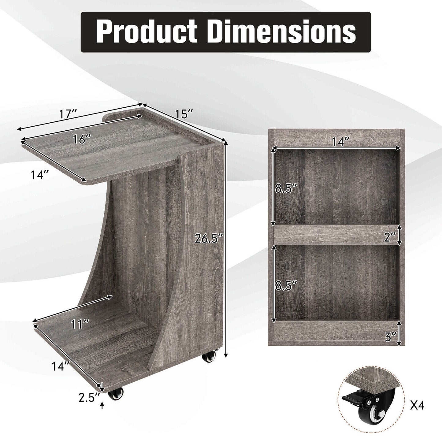C-shaped Rolling End Side with Back Storage Shelves beside Sofa-Gray