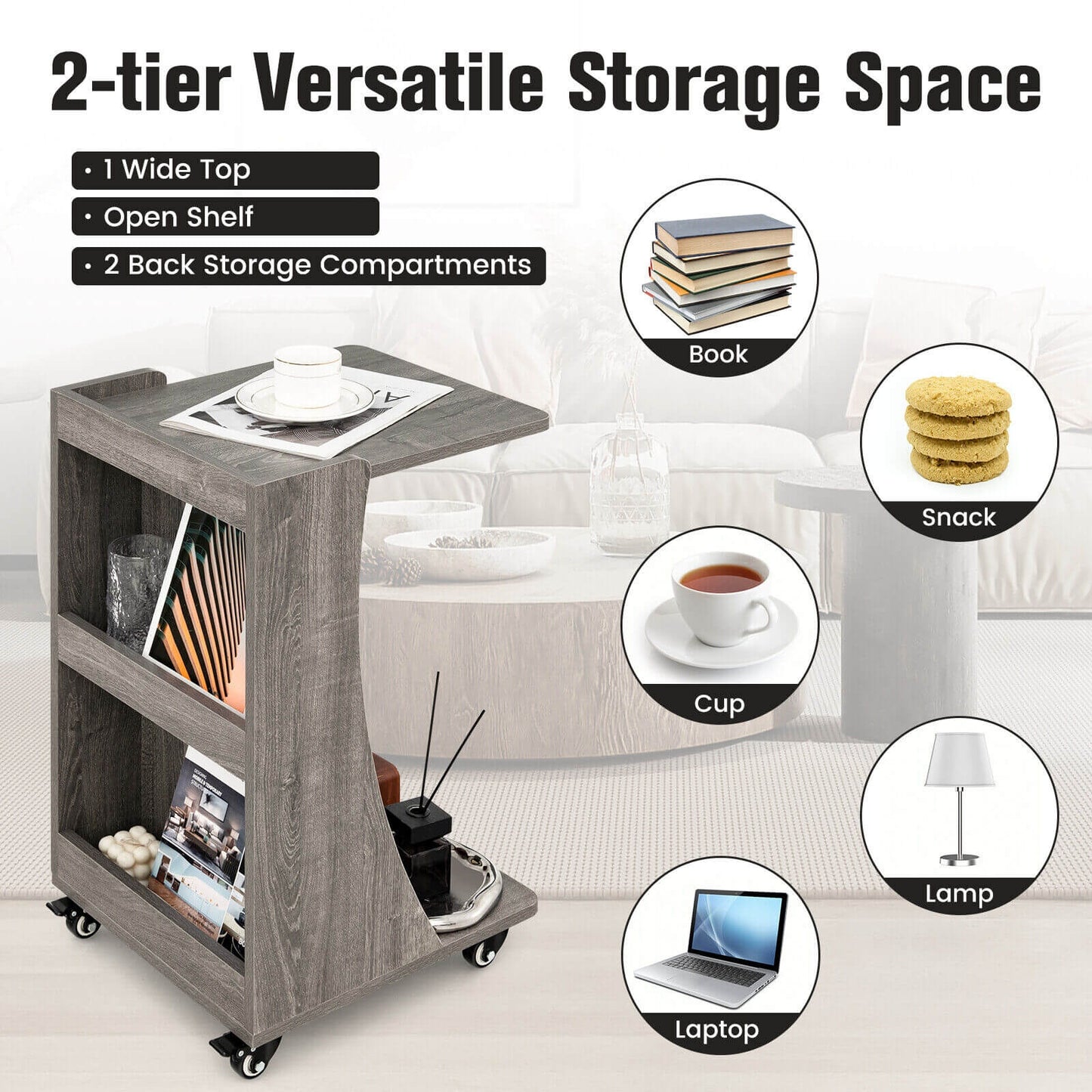 C-shaped Rolling End Side with Back Storage Shelves beside Sofa-Gray