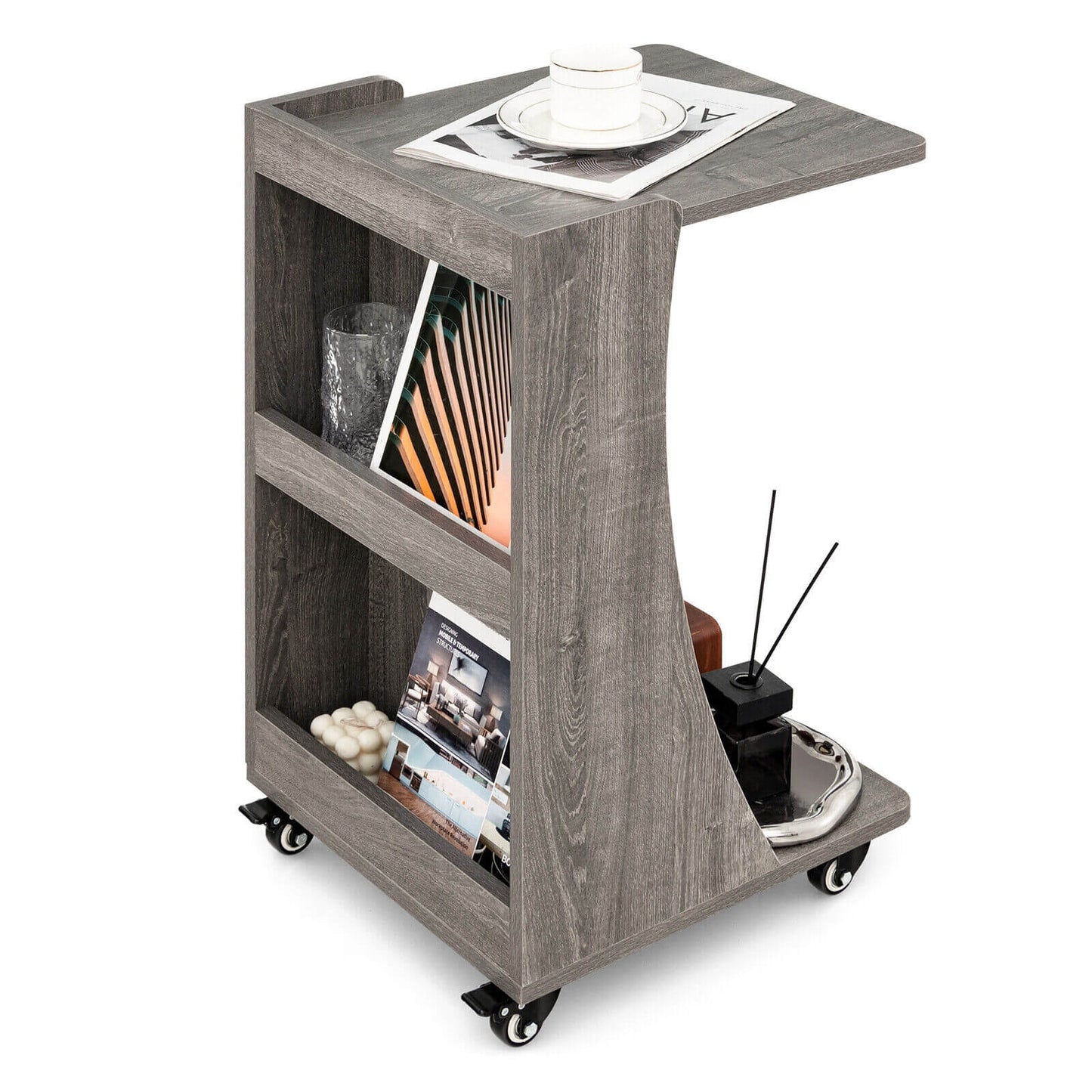 C-shaped Rolling End Side with Back Storage Shelves beside Sofa-Gray