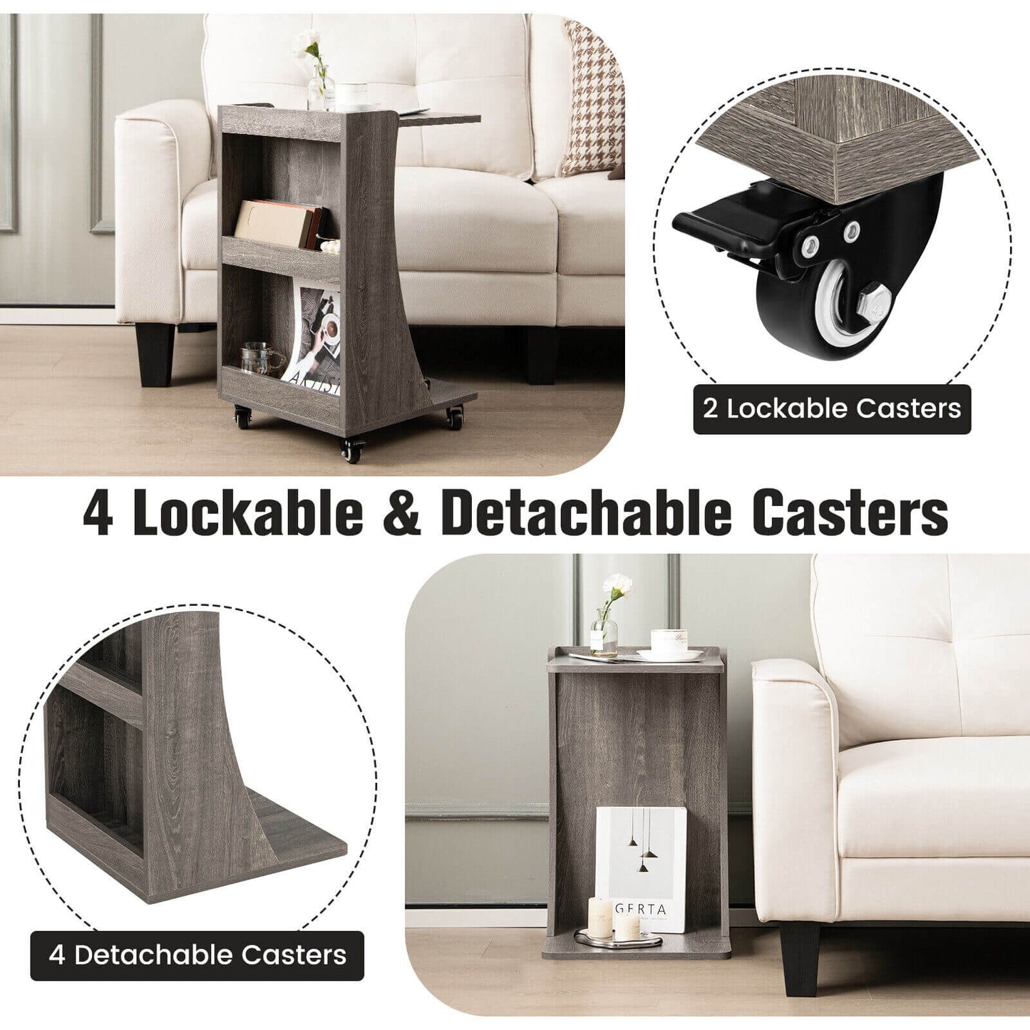 C-shaped Rolling End Side with Back Storage Shelves beside Sofa-Gray