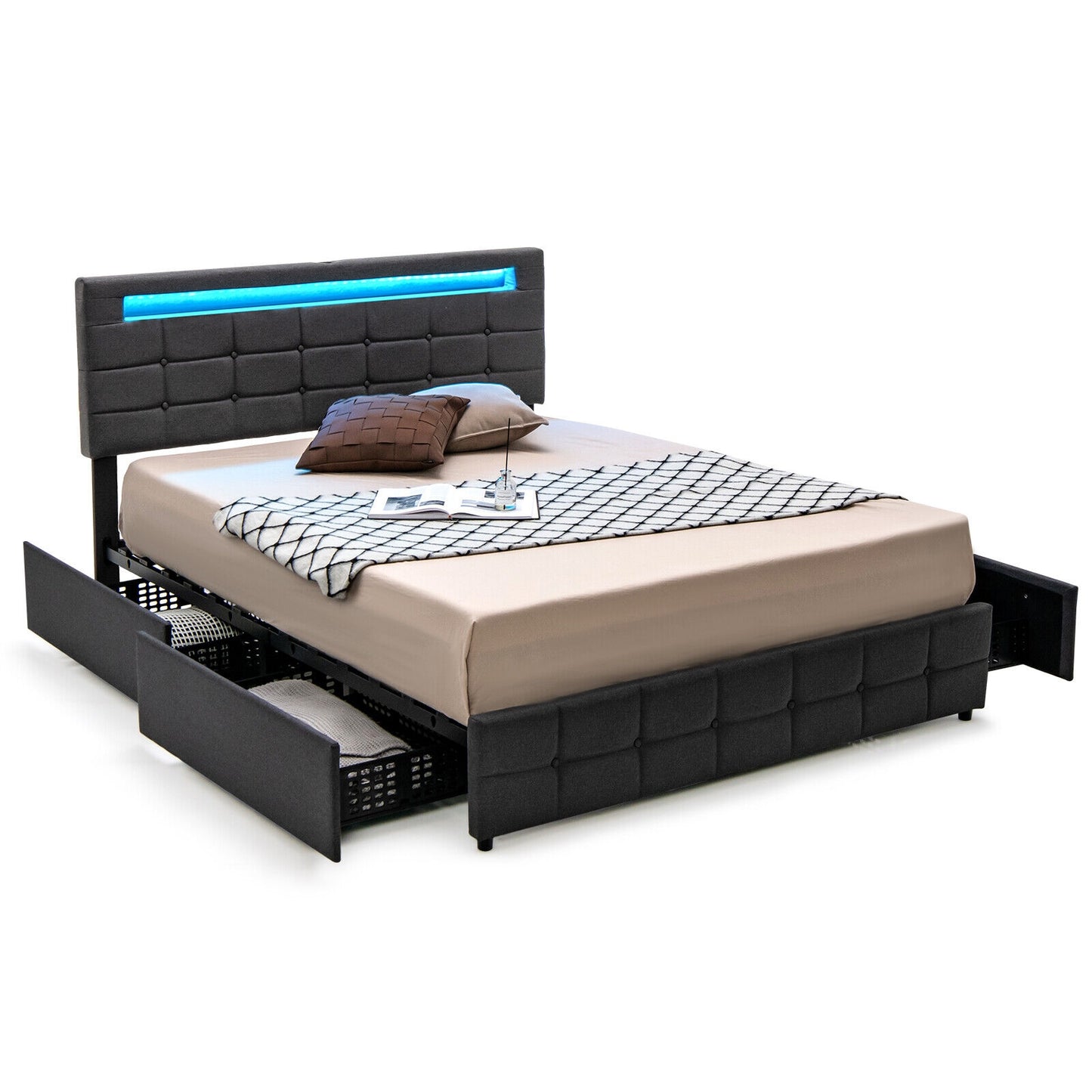 Upholstered Queen LED Bed Frame with Headboard and 4 Drawers