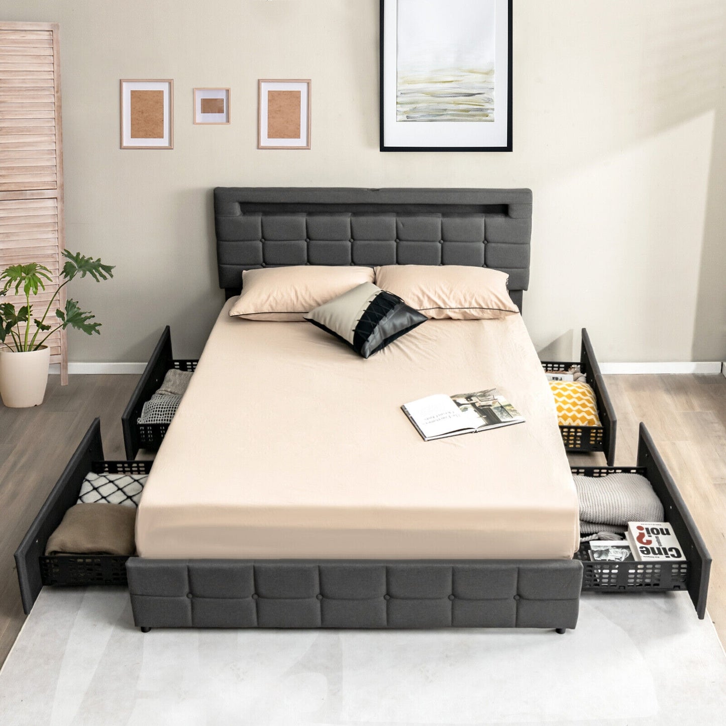 Upholstered Queen LED Bed Frame with Headboard and 4 Drawers