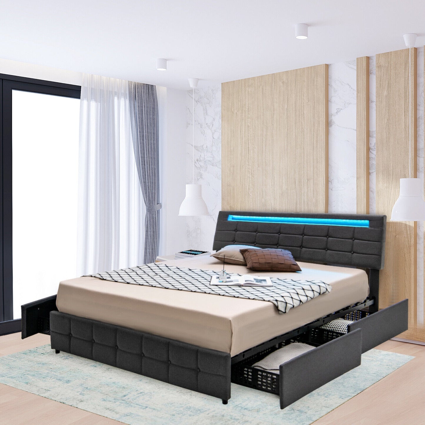 Upholstered Queen LED Bed Frame with Headboard and 4 Drawers