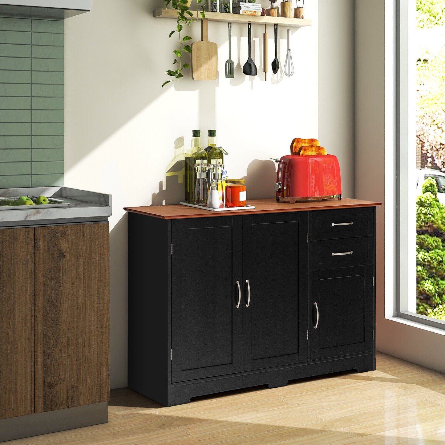 Buffet Storage Cabinet with 2-Door Cabinet and 2 Drawers-Black