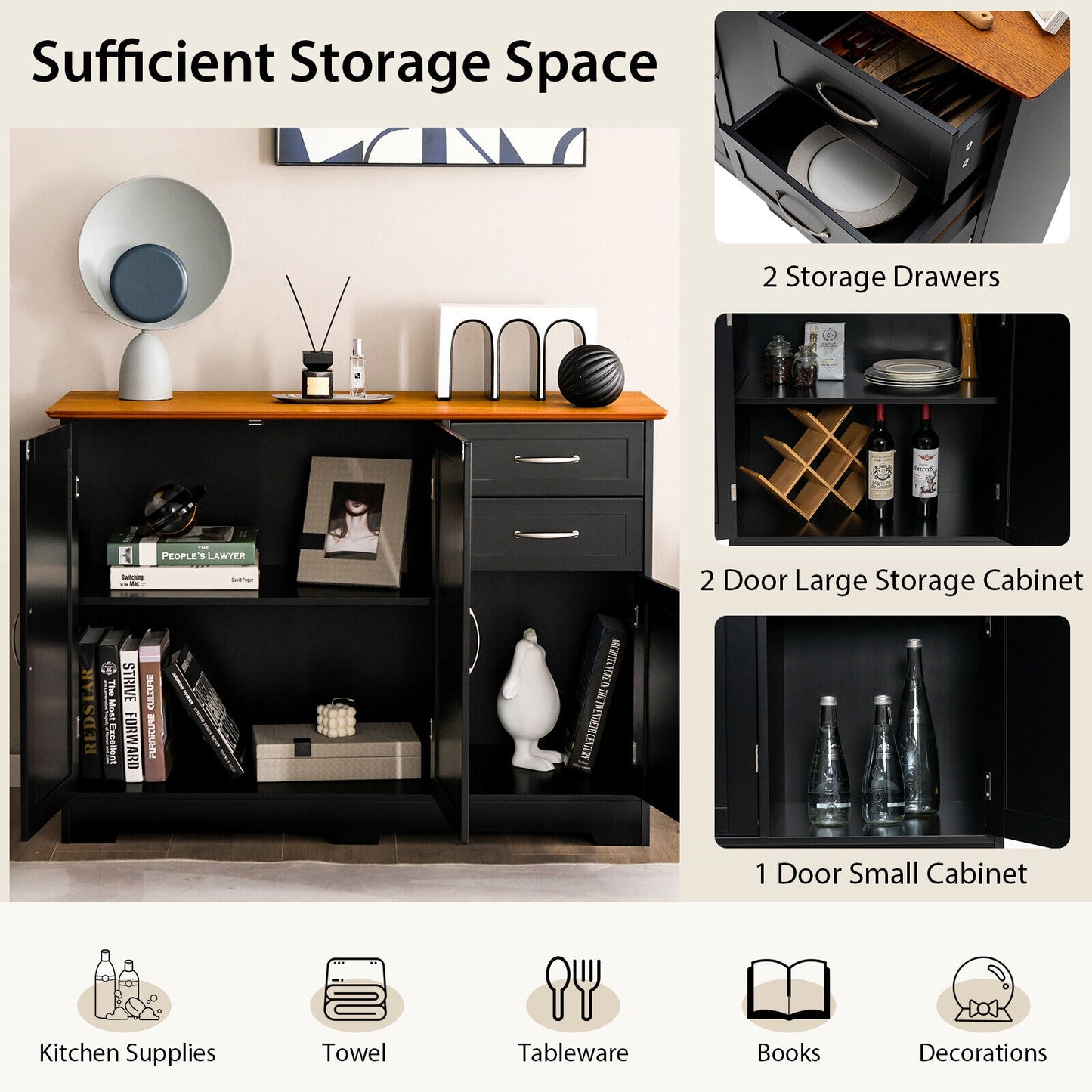 Buffet Storage Cabinet with 2-Door Cabinet and 2 Drawers-Black