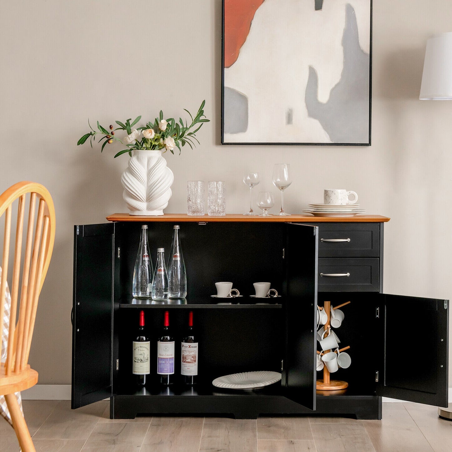 Buffet Storage Cabinet with 2-Door Cabinet and 2 Drawers-Black