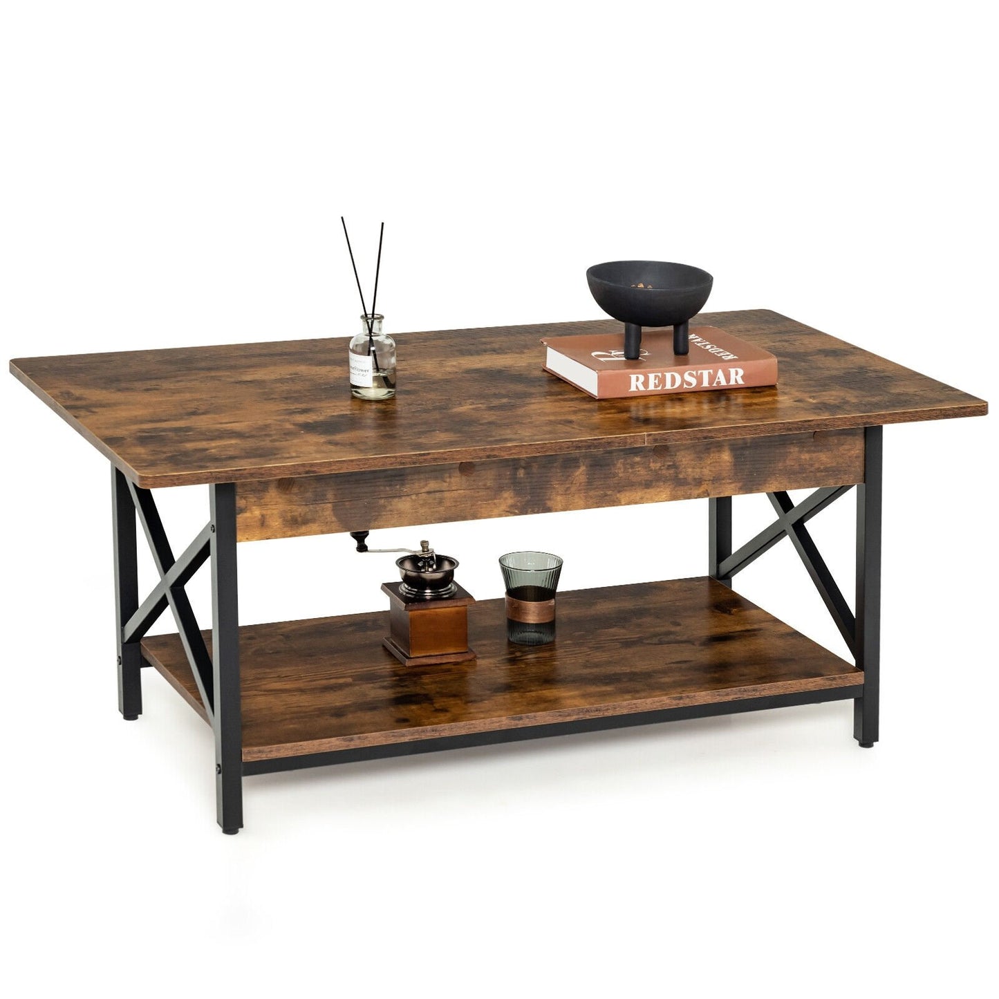2-Tier Industrial Rectangular Coffee Table with Storage Shelf-Black