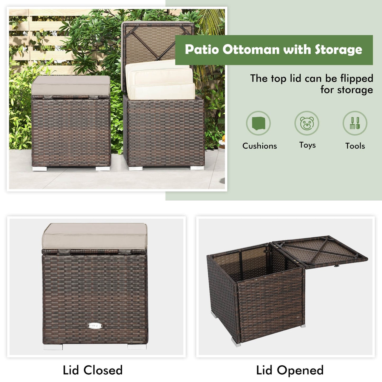 2 Pieces Patio Ottoman with Removable Cushions-Brown