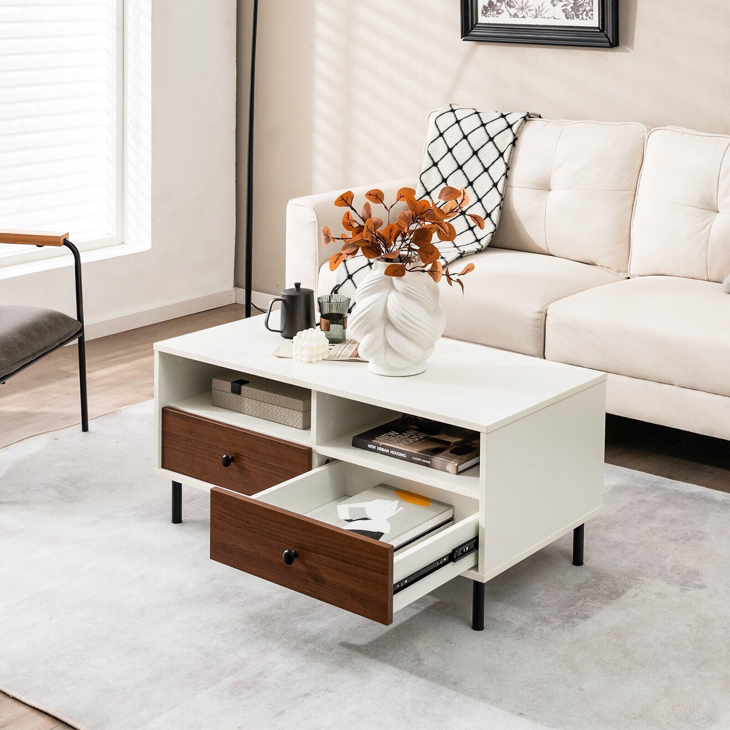 2 Tier 40 Inch Length Modern Rectangle Coffee Table with Storage Shelf and Drawers-White