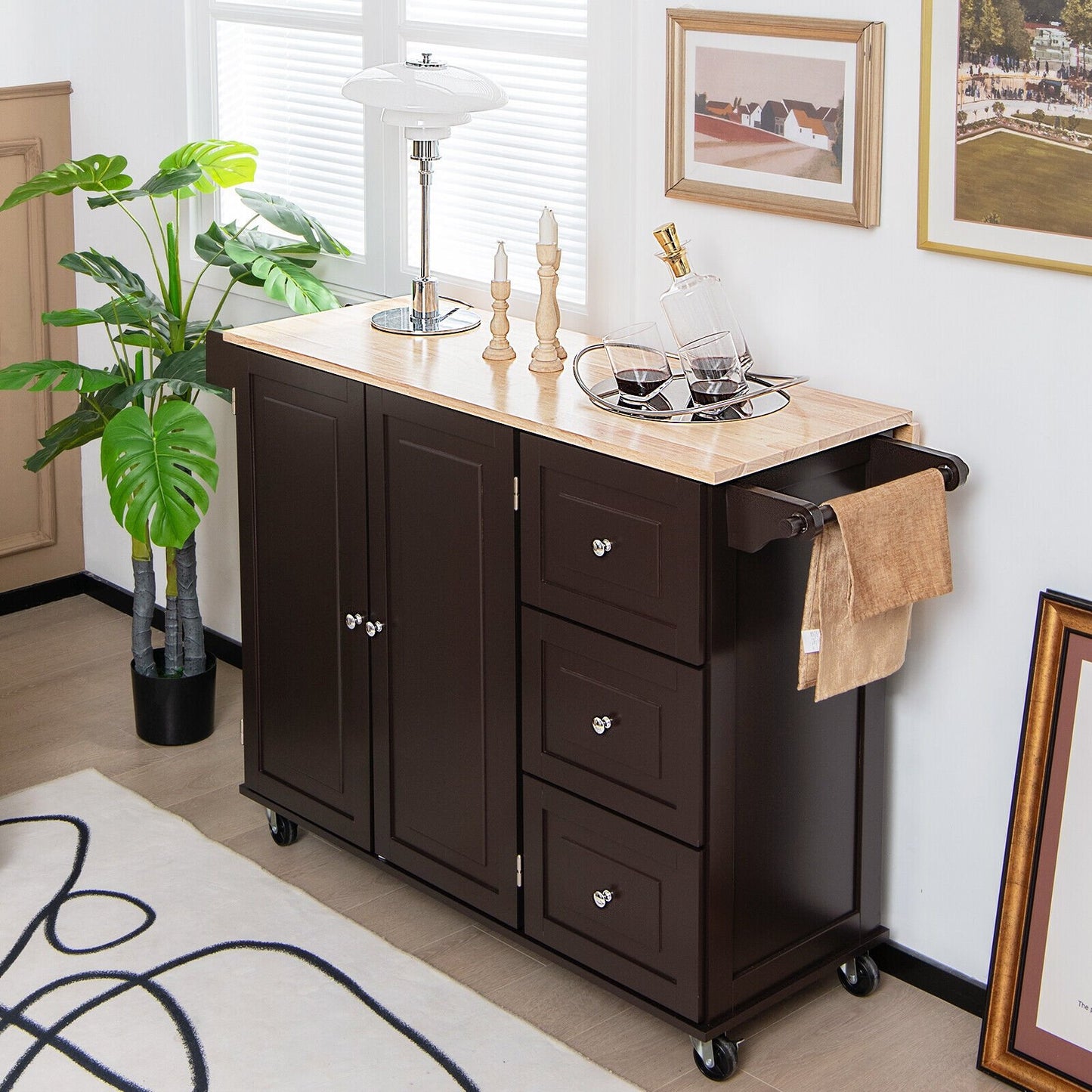 Falling Leaf Kitchen Island Trolley Cart Wood Storage Cabinet